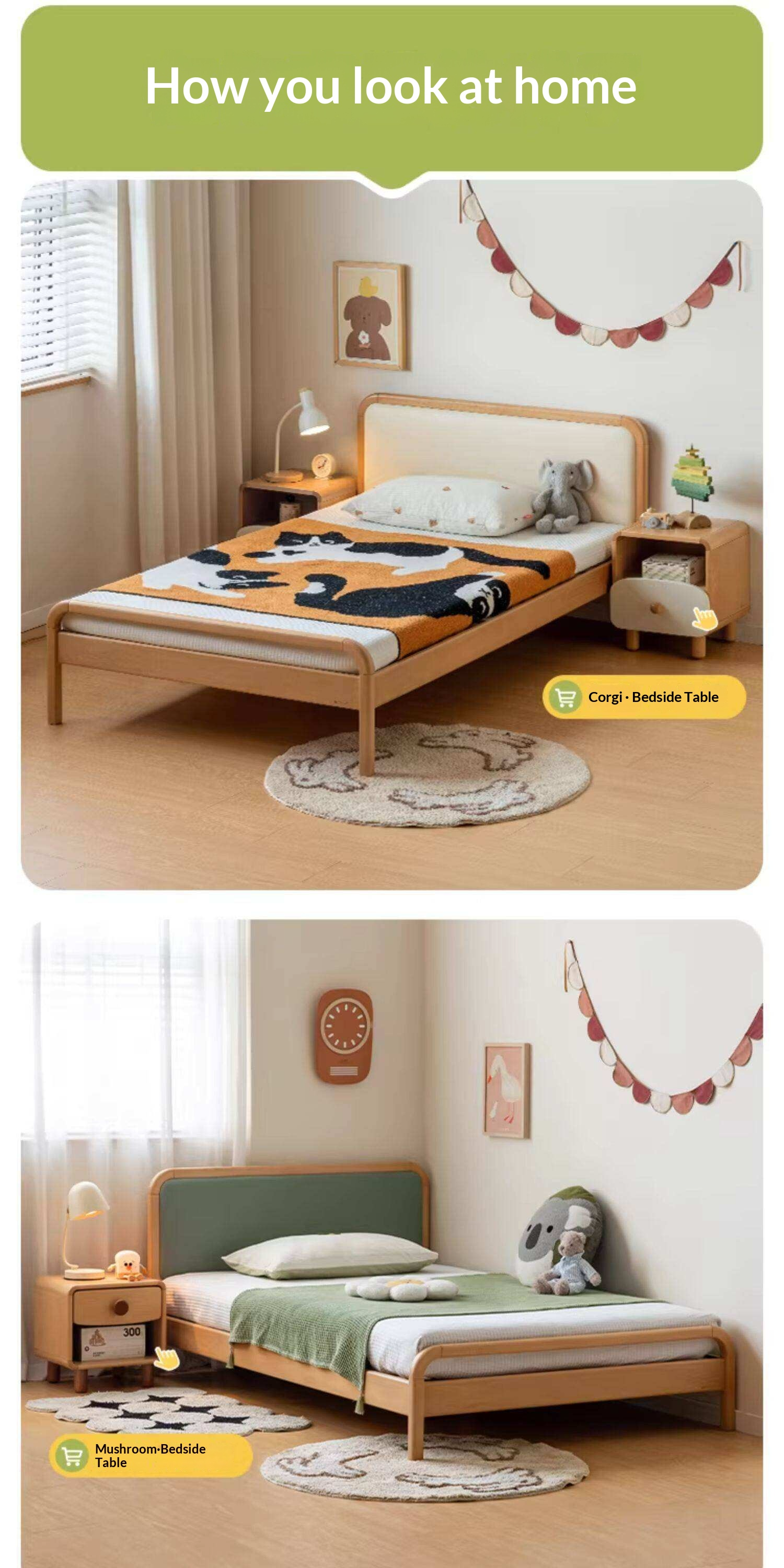Beech Solid Wood Kids Bed with Adjustable Height and Rounded Corner Headboard
