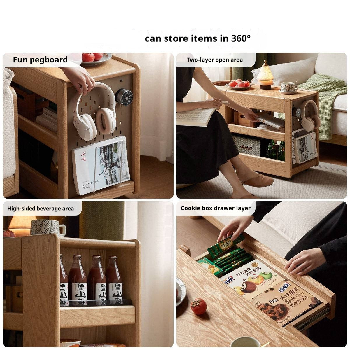 Oak Solid Wood Side Table with Mobile Trolley and Storage Functionality