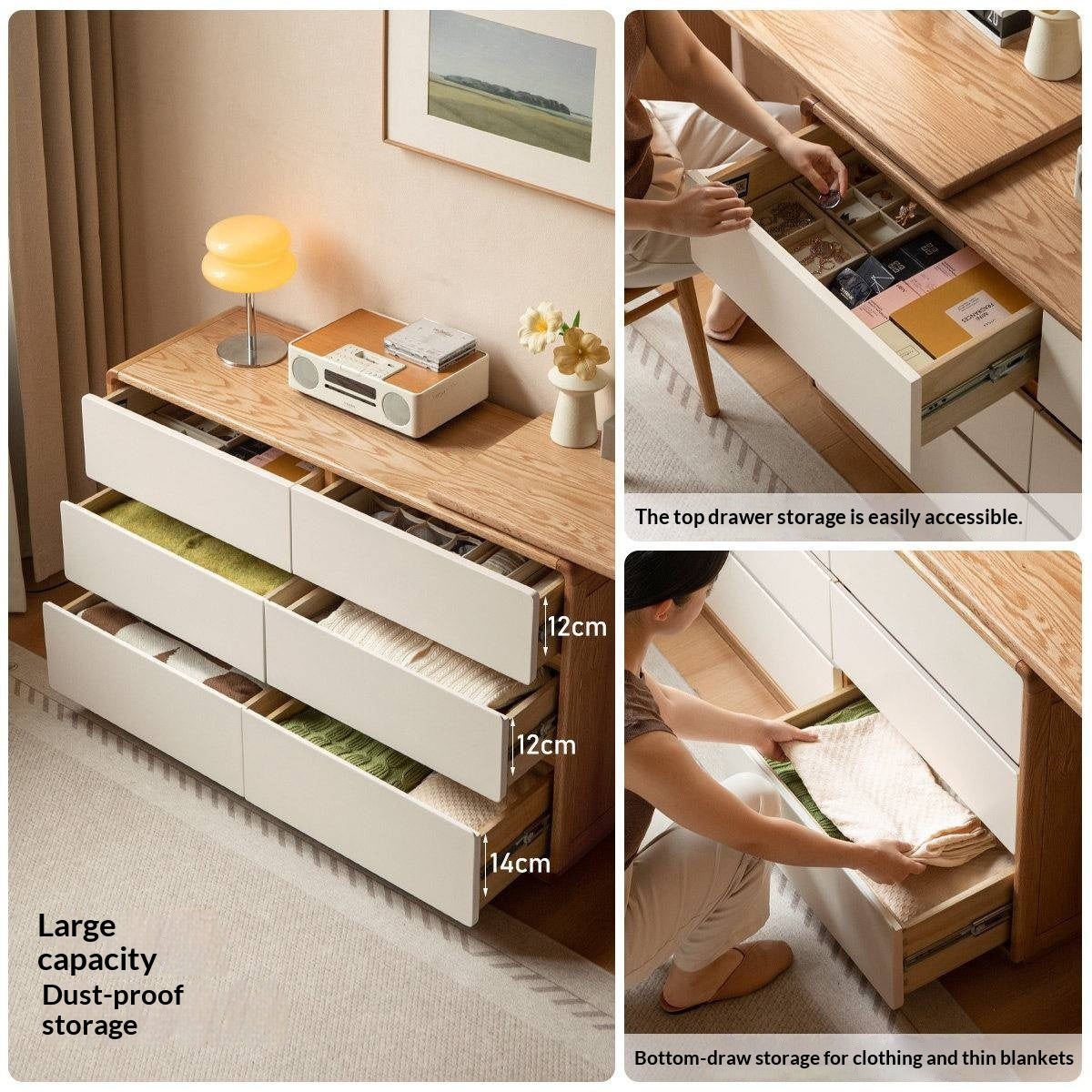 Oak Solid Wood Vanity Table & Storage Cabinet Set Cream Style