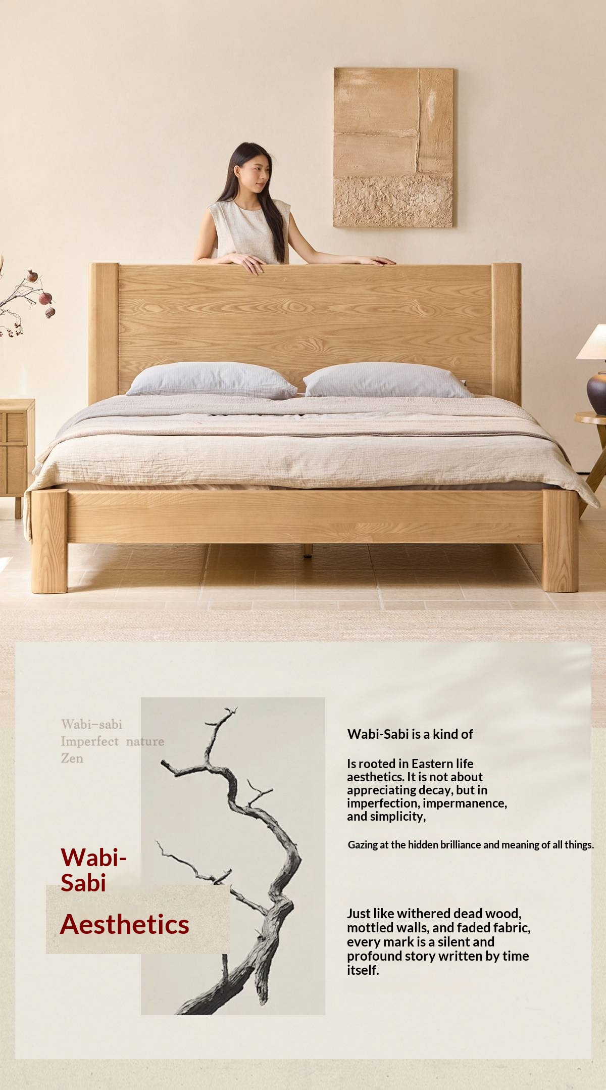 White Ash Solid Wood Platform Bed with Tall Flat Panel Headboard