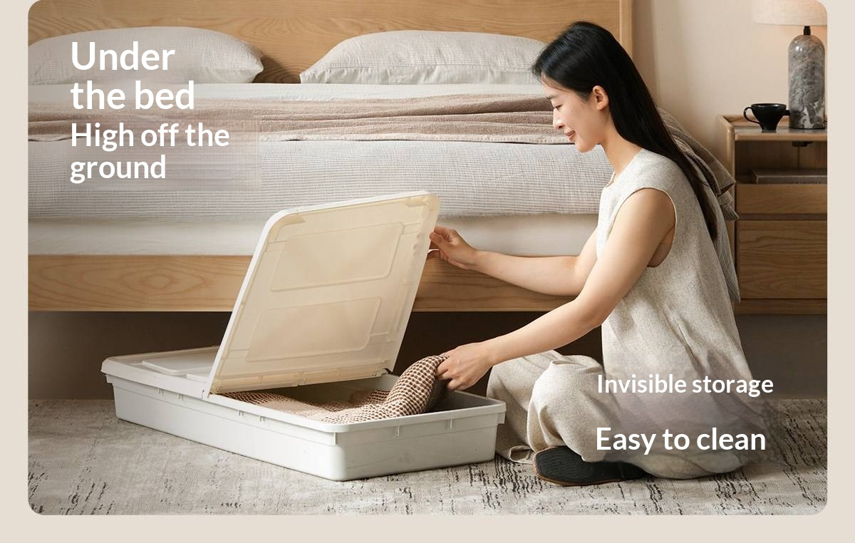 Ash Solid Wood Modern Minimalist Bed with Grooved Headboard and High Under-Bed Clearance