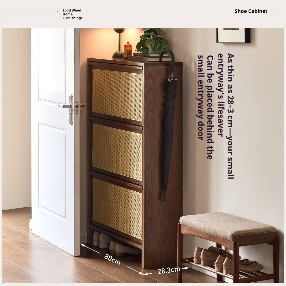 Oak Solid Wood Slim Entryway Shoe Cabinet with Rattan Flip-Down Doors