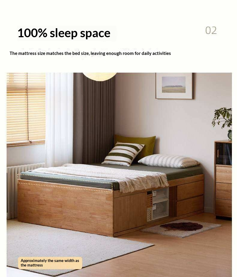 Rubberwood Solid Wood Low Platform Storage Bed with Side Drawers