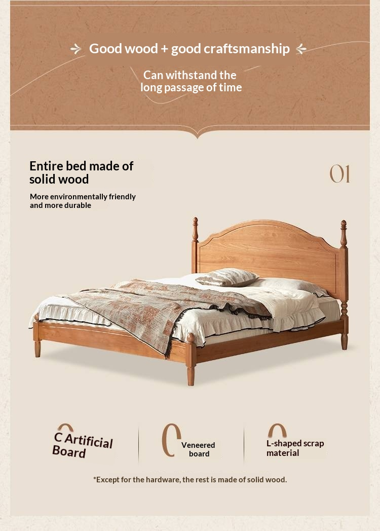 Birch Solid Wood Bed — French Retro Style, Large Slab Design, Mid-Range Style