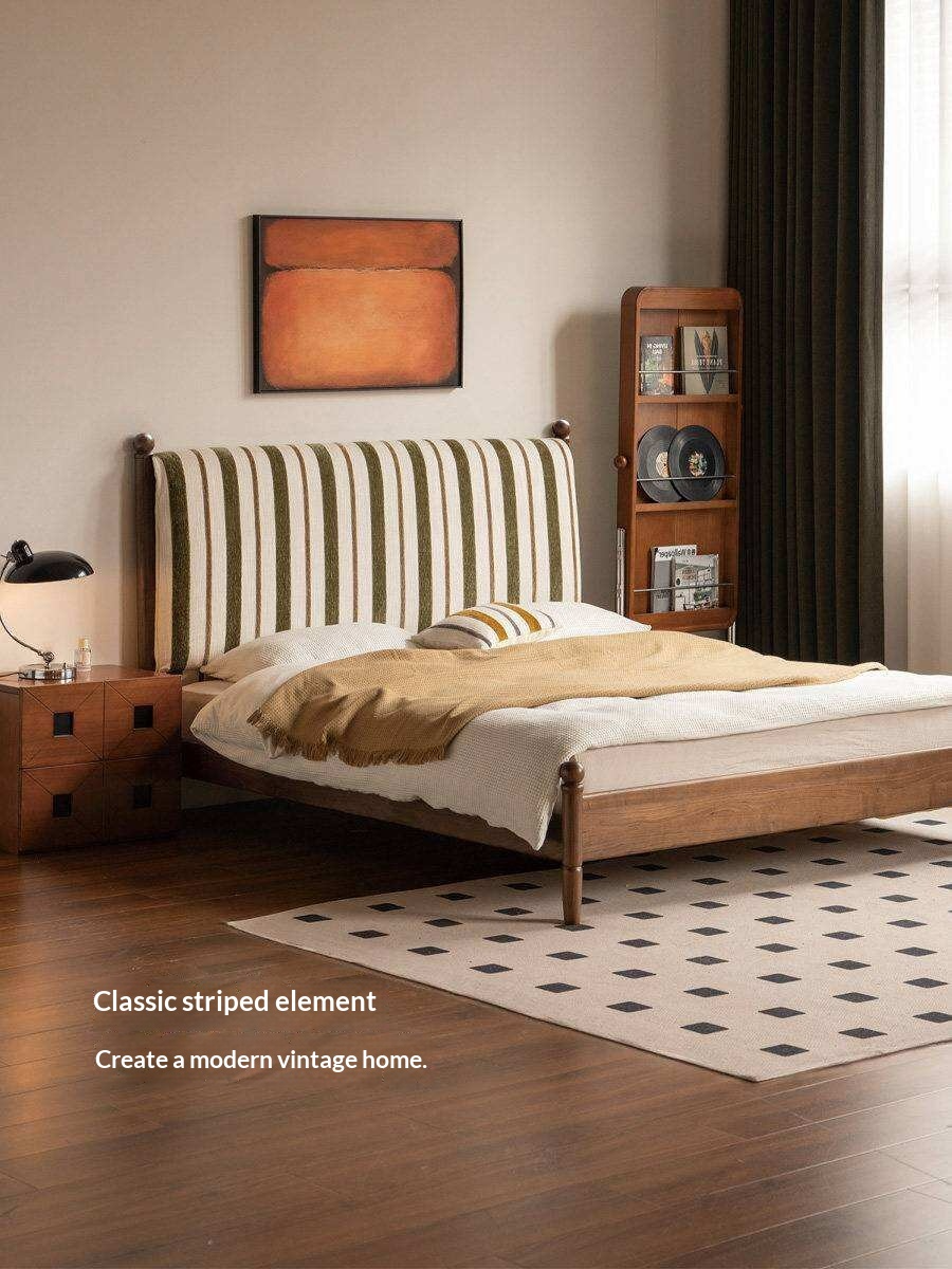 Black Walnut Solid Wood Striped Upholstered Panel Bed