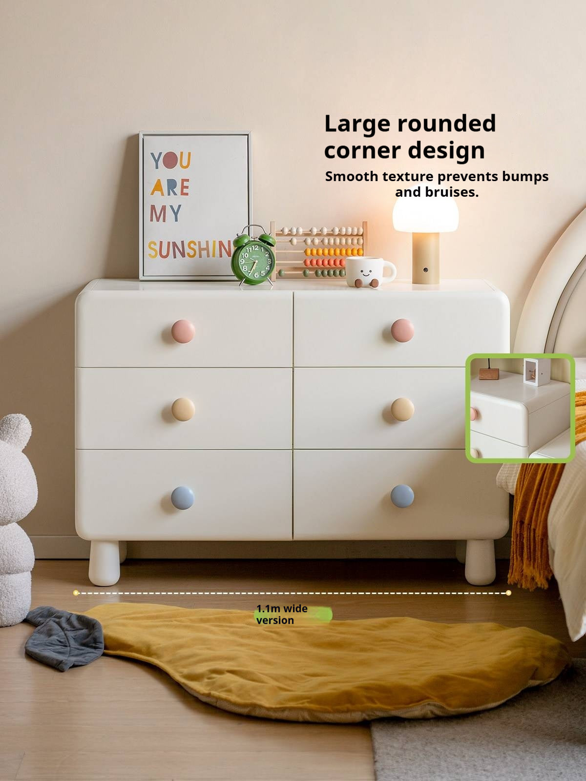 Beech Solid Wood, Solid RubberWood Kids Tall Dresser with Rounded Corners and Colorful Knobs