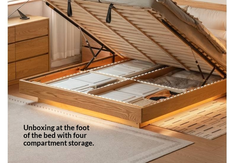 Oak Solid Wood Modern Leather Storage Bed, LED Lighting and USB Charging