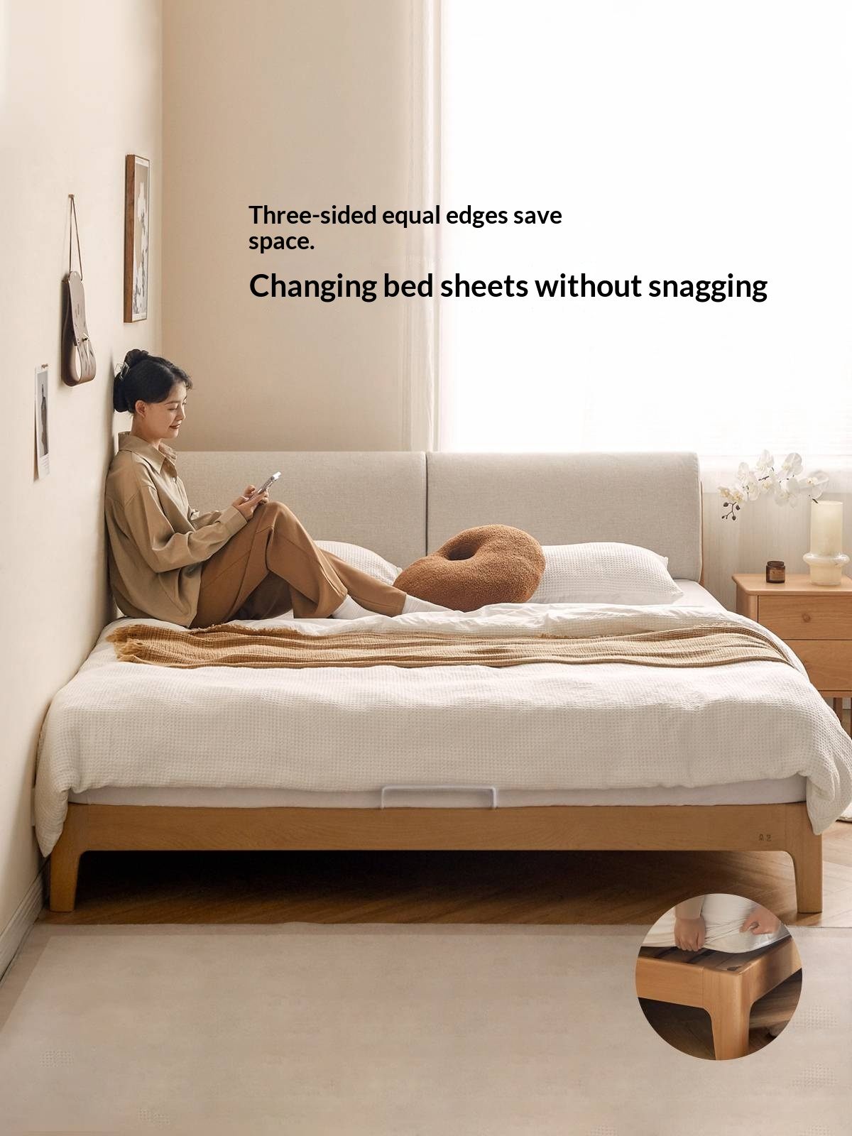 Beech Solid Wood Upholstered King Bed — Soft Headboard with Fabric Upholstery