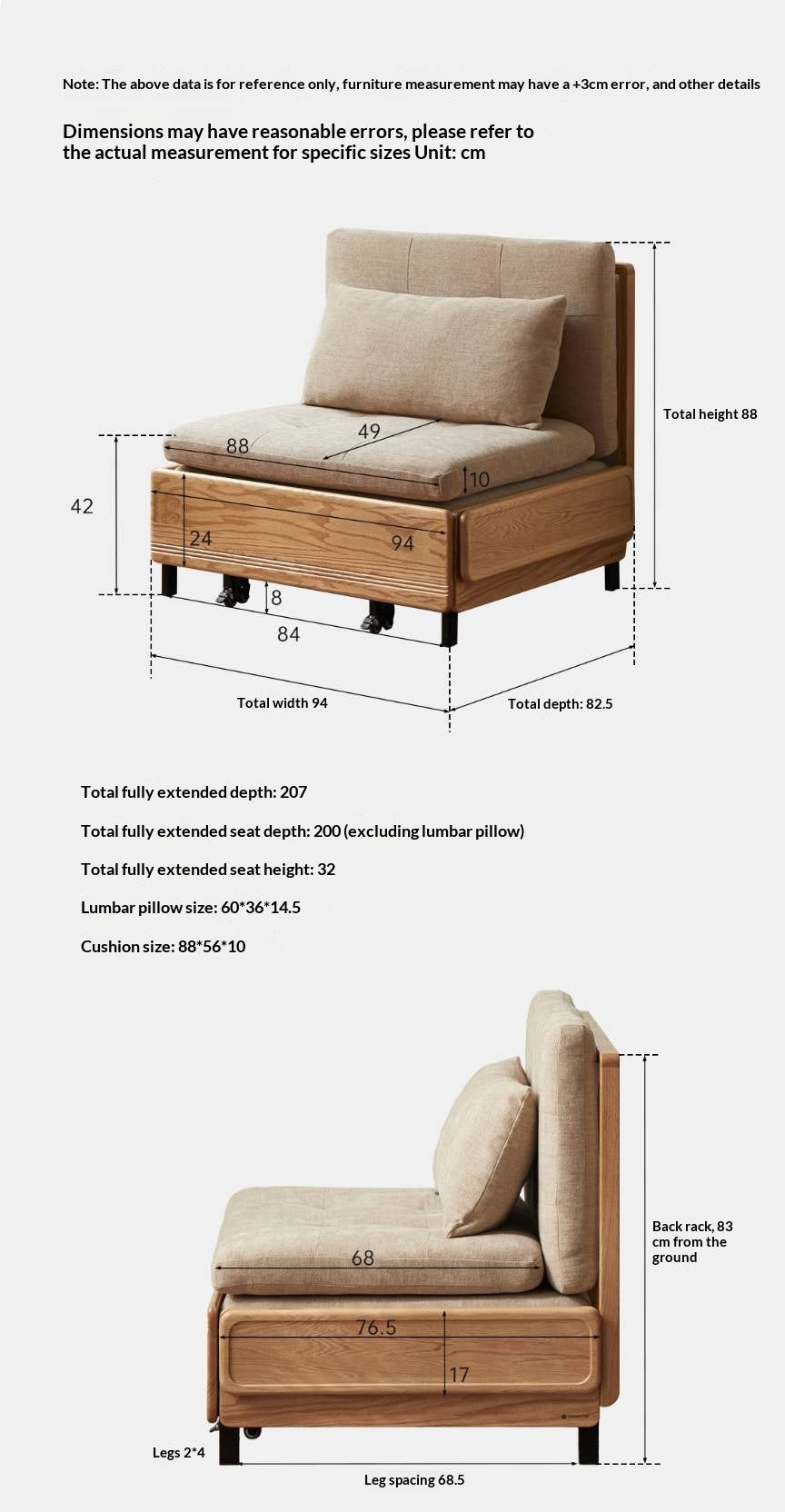 Oak Solid Wood Sleeper Sofa Chair Bed with Attached Fold-Out Side Tray