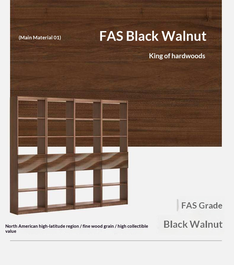Black Walnut Solid Wood Bookshelf with Combination Storage and Display Shelves