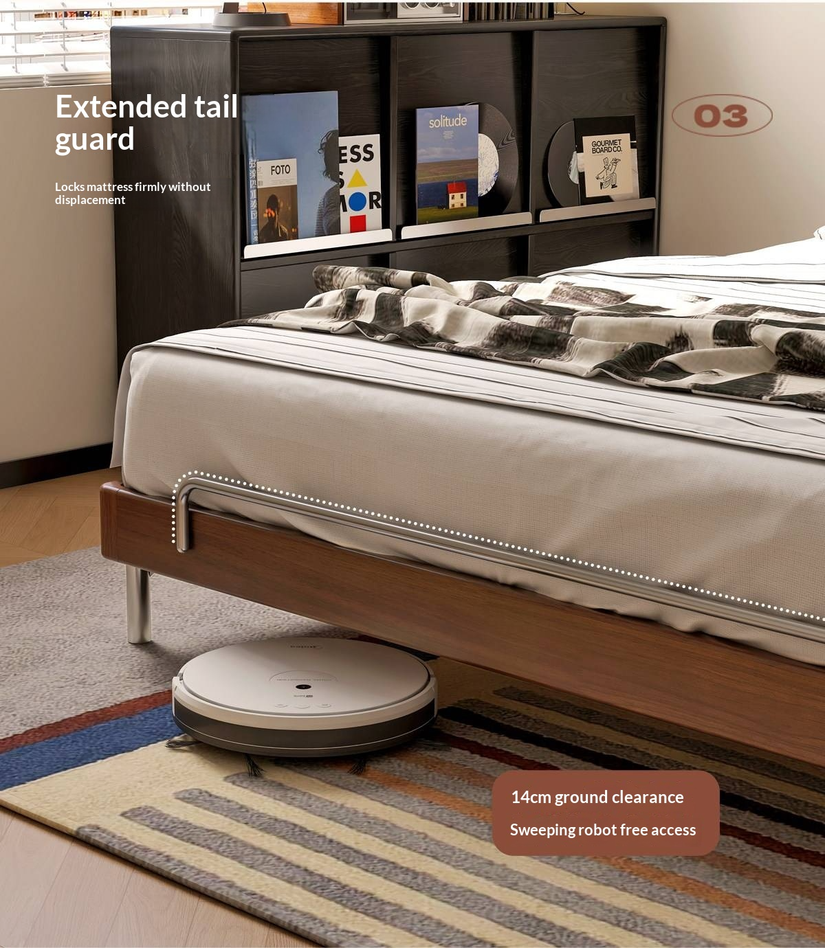 Rubberwood Solid Wood Platform Bed with Metal Legs and Two-Tone Headboard