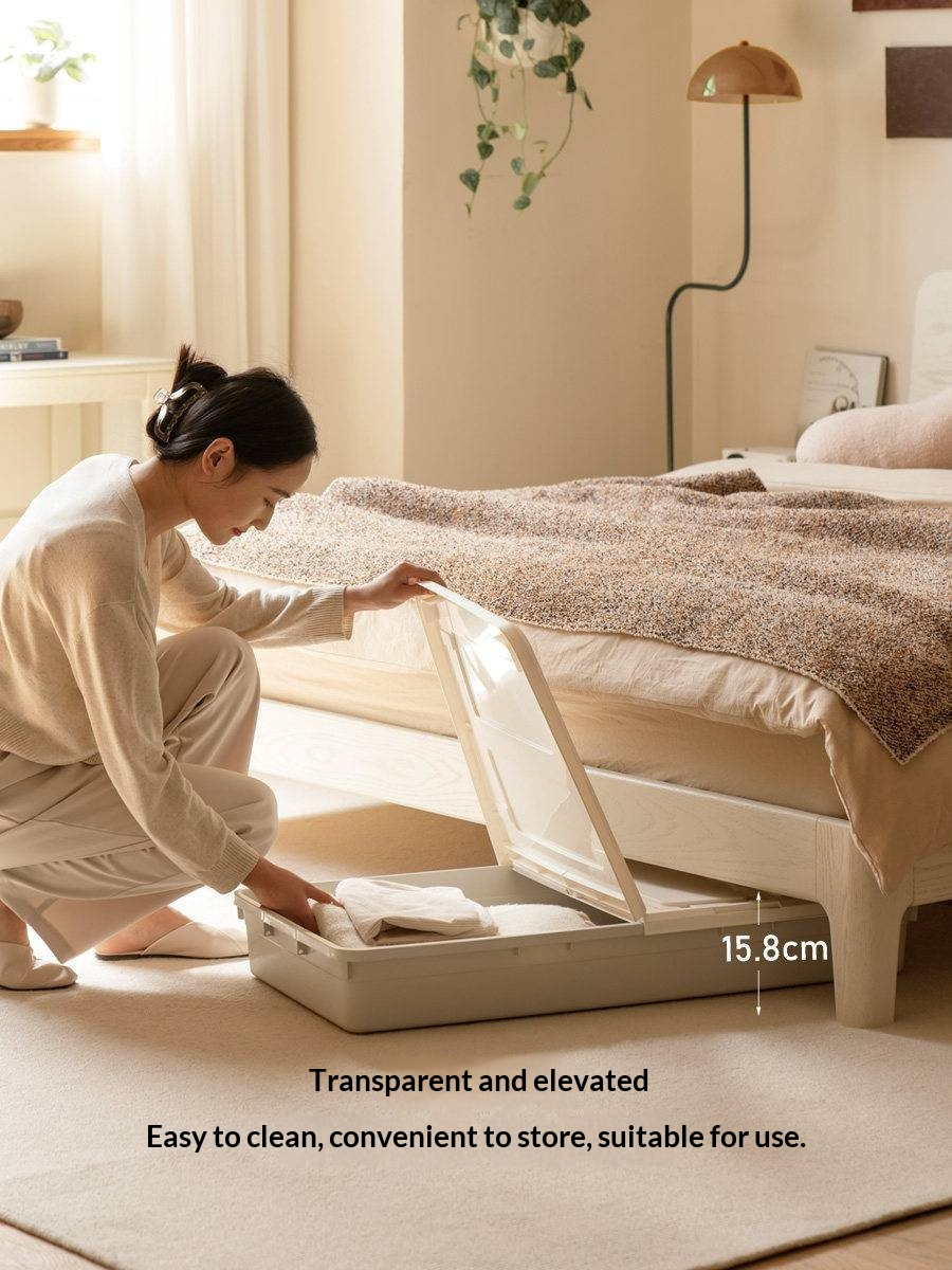 Oak Solid Wood Bed — Cream Style with Slanted Backrest