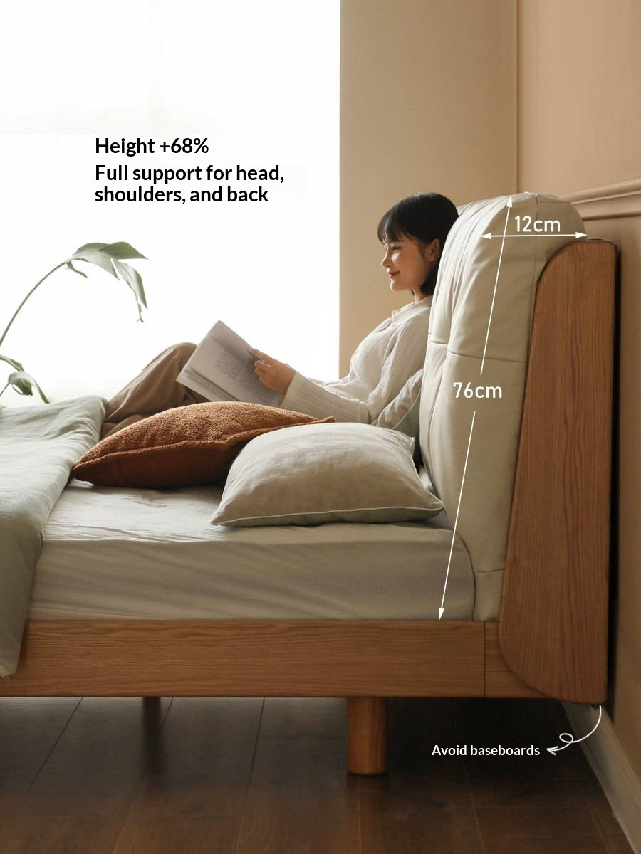 Oak Solid Wood Bed — Modern Minimalist, Genuine Leather Upholstered, Floating Design with Light