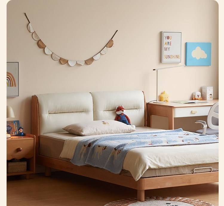 Beech Solid Wood Adjustable Height Kids Bed with Upholstered Segmented Headboard