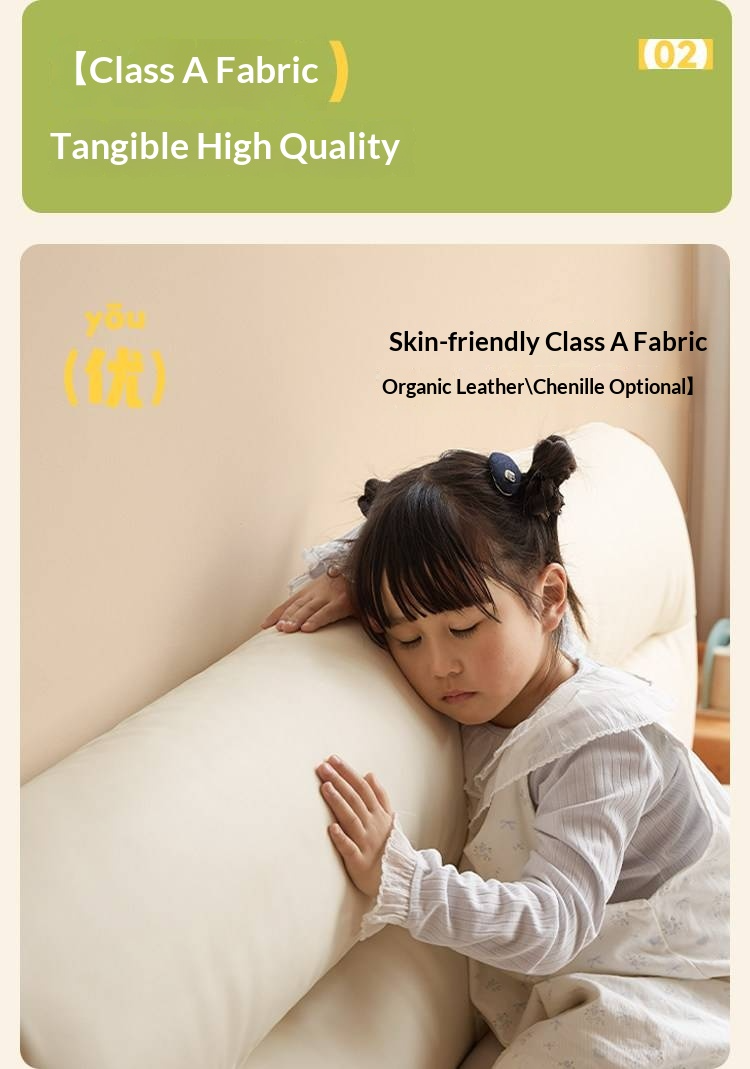 Beech Solid Wood Adjustable Height Kids Bed with Upholstered Segmented Headboard