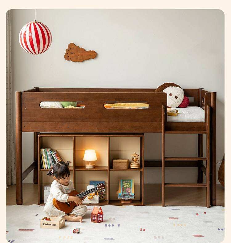 Rubberwood Solid Wood Mid-Height Kids Loft Bed with Staircase and Bookshelf Storage