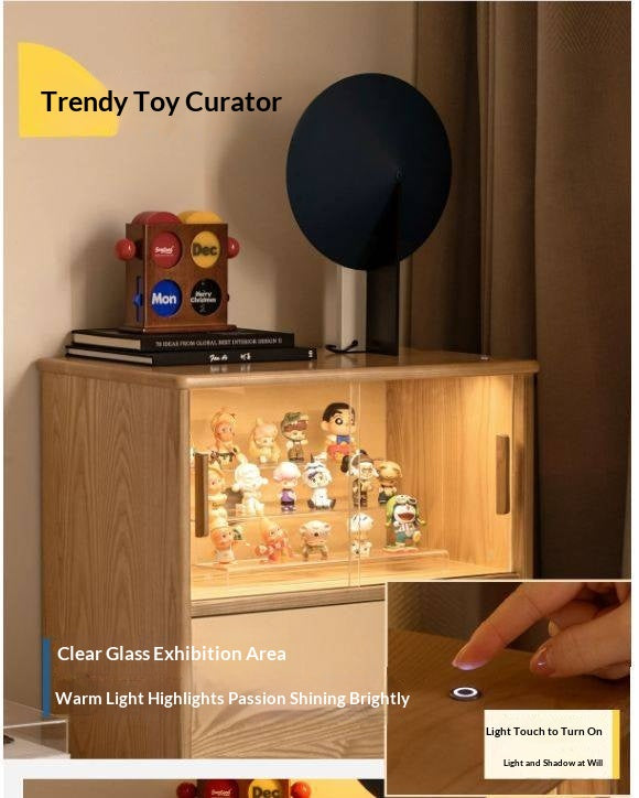 White Ash Wood Solid Wood Side Cabinet with Glass and Light Showcase