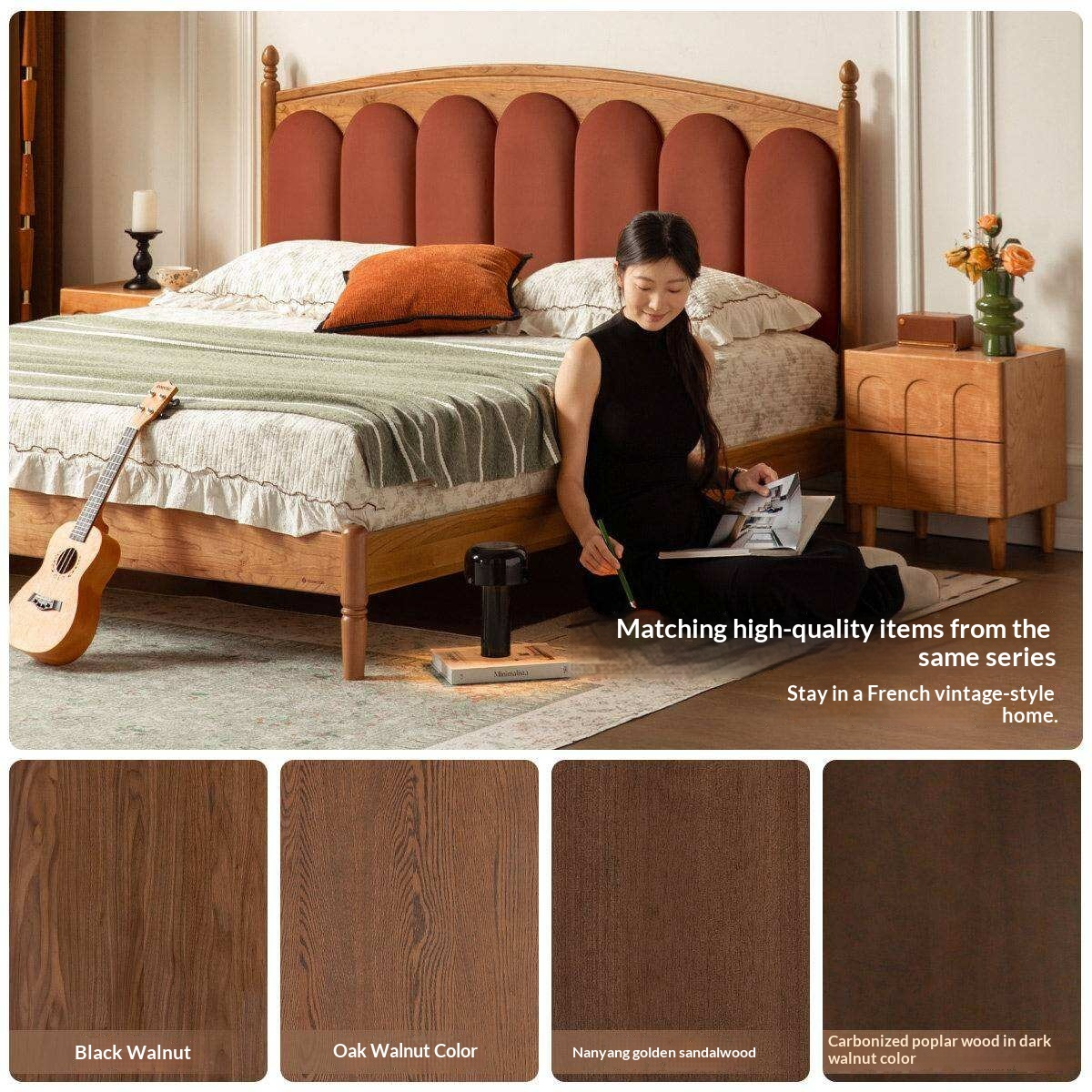 Cherry Solid Wood Genuine Leather, Velvet French-Inspired Scalloped Headboard Bed