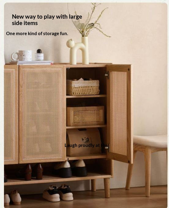 Oak Solid Wood Shoe Cabinet with Large Capacity and Vine Weaving Design