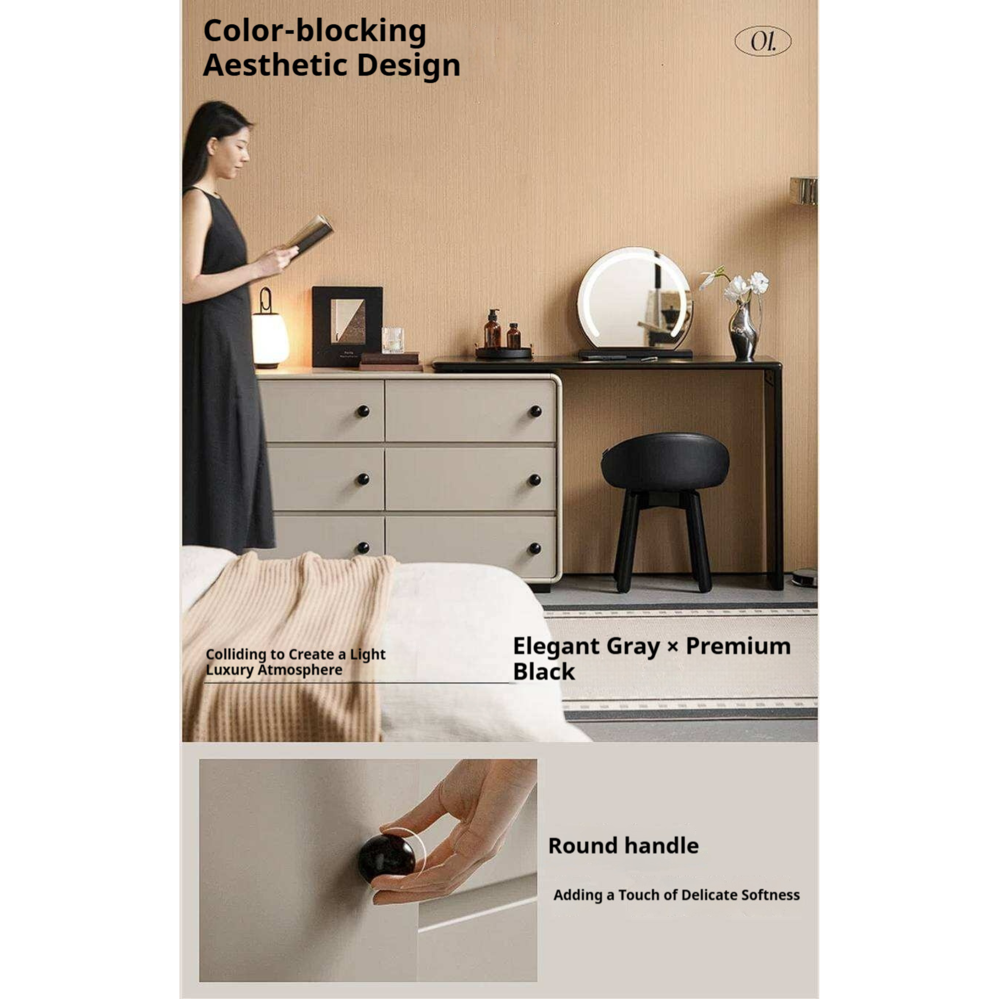 Rubberwood Solid Wood Rotating Extendable Vanity Table with