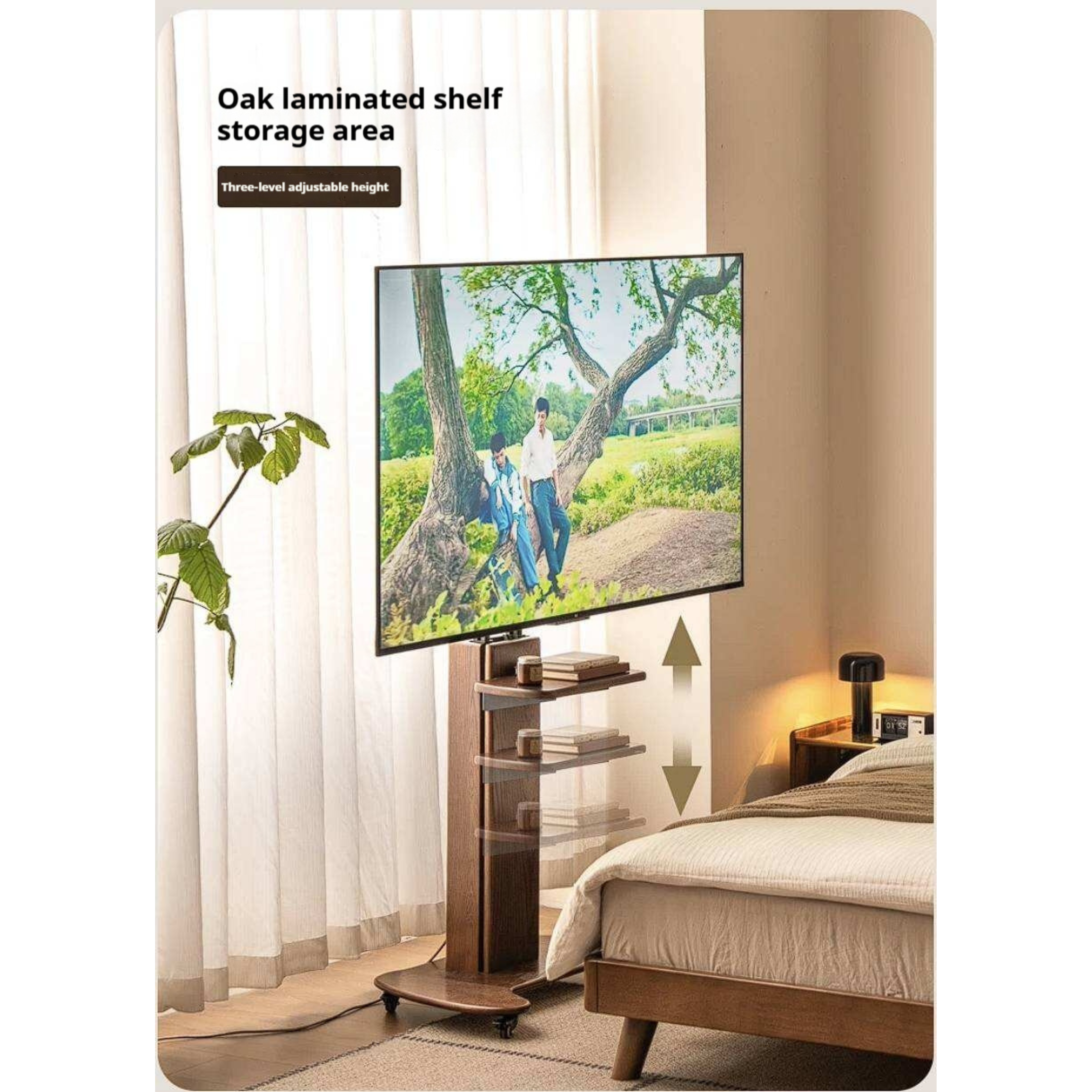 Oak Solid Wood TV Stand with Open Wall Rack and Mobile Cart Base
