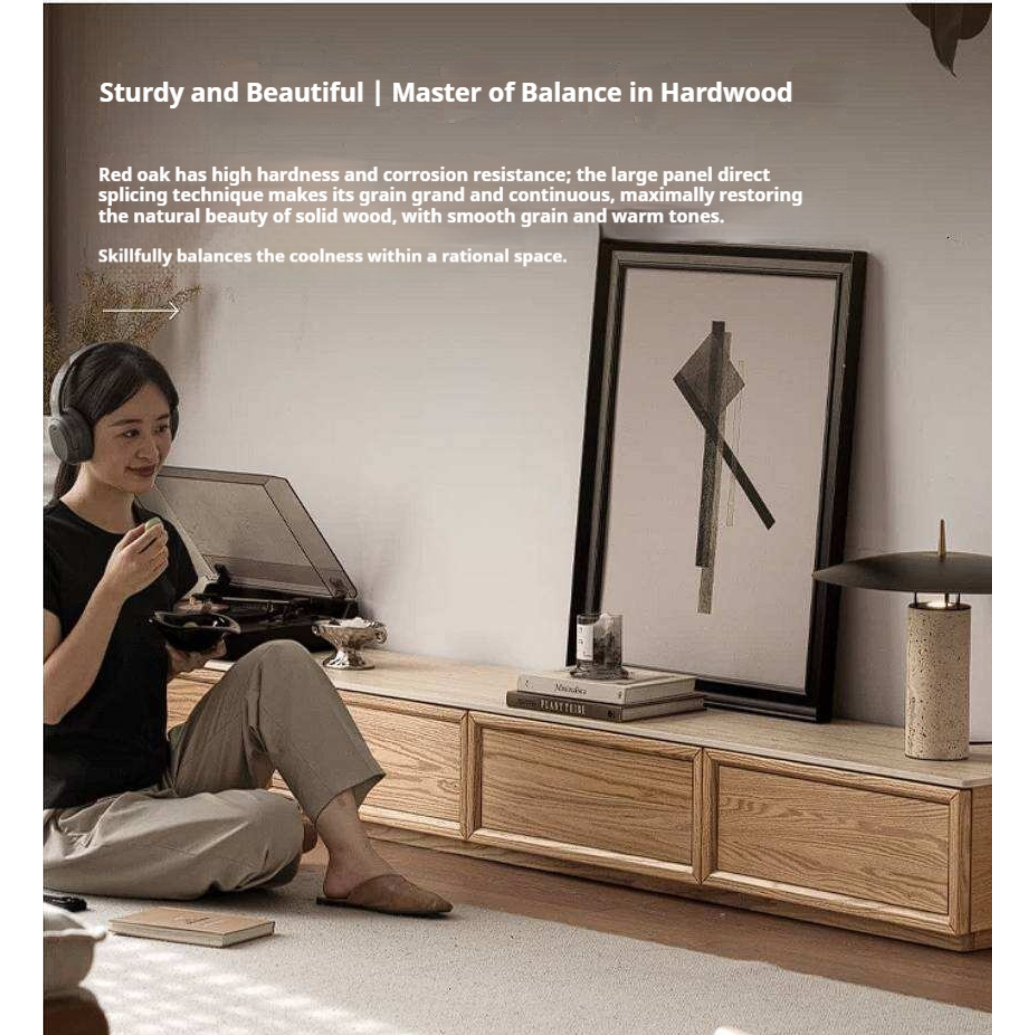 Oak Solid Wood TV Stand with Integrated Storage and Stone Top Panel