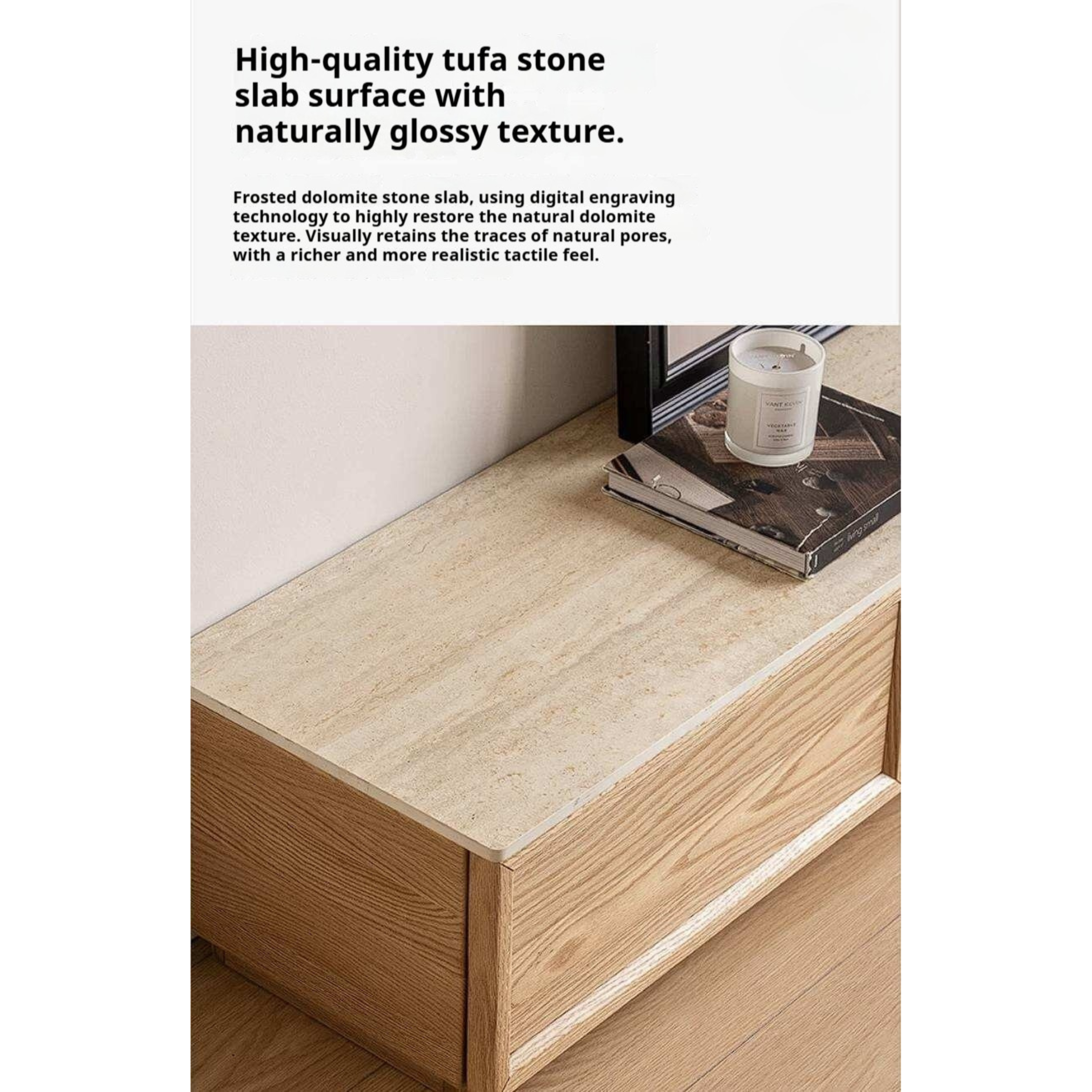 Oak Solid Wood TV Stand with Integrated Storage and Stone Top Panel