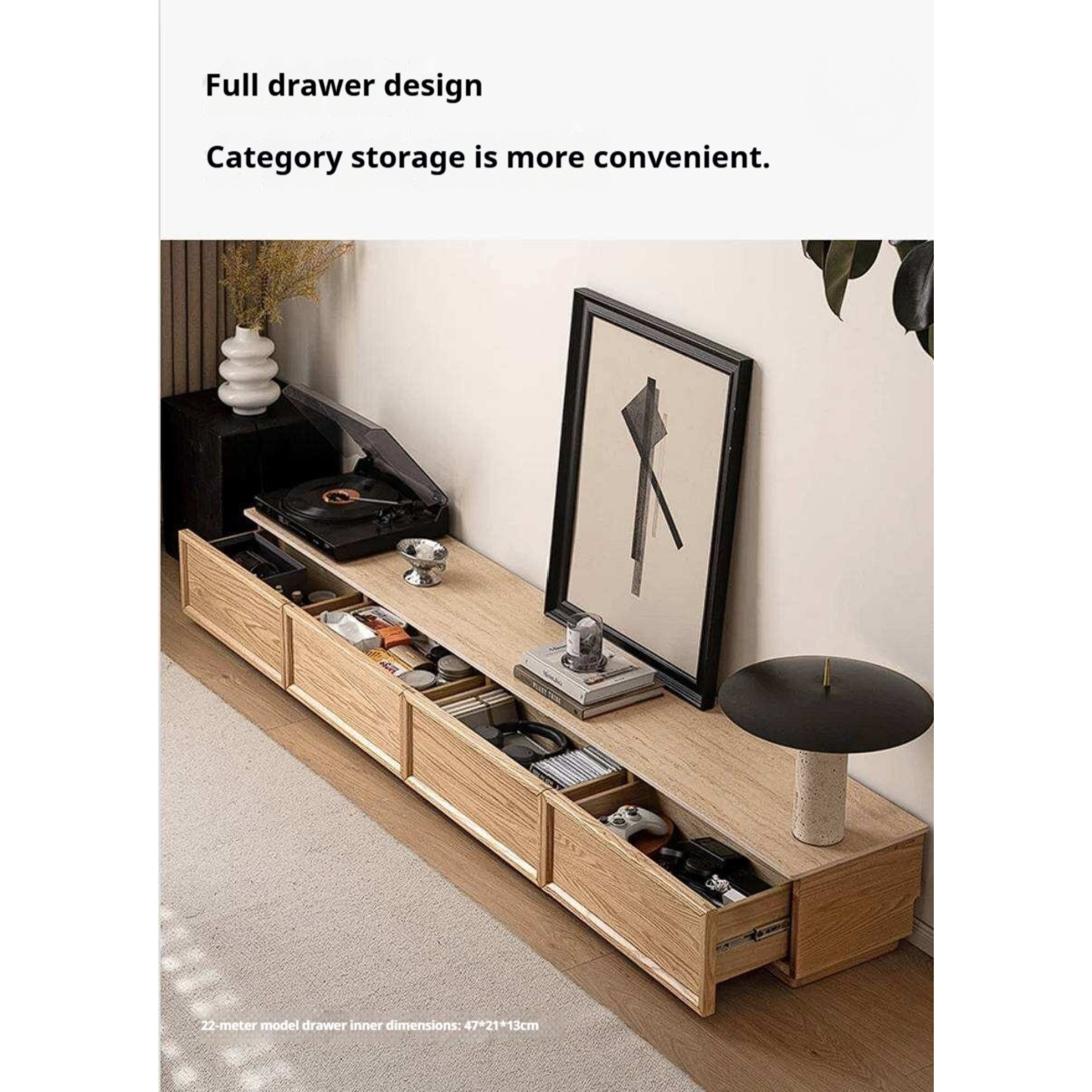 Oak Solid Wood TV Stand with Integrated Storage and Stone Top Panel