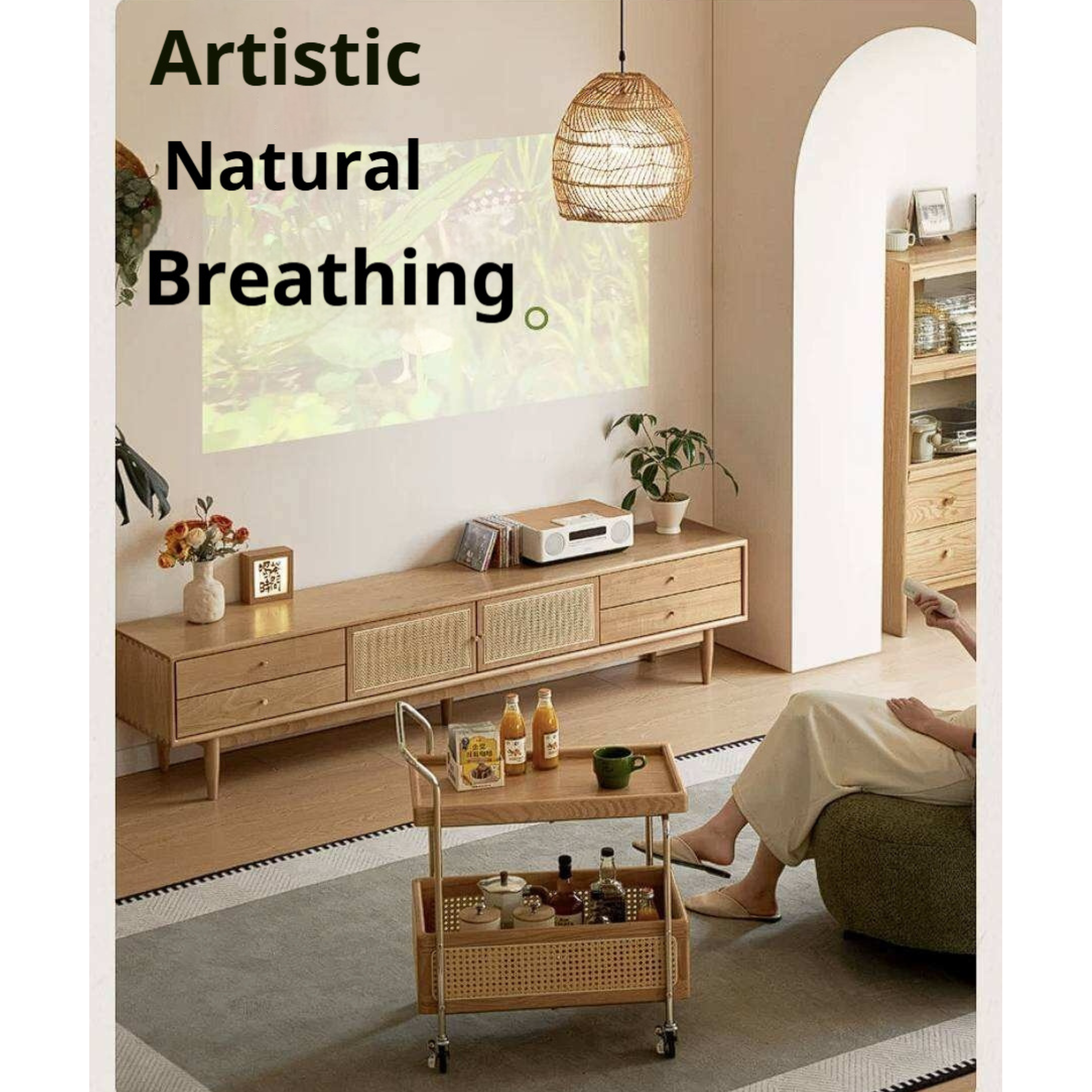 Birch Solid Wood TV Cabinet with Rattan Sliding Doors and Minimalist Storage