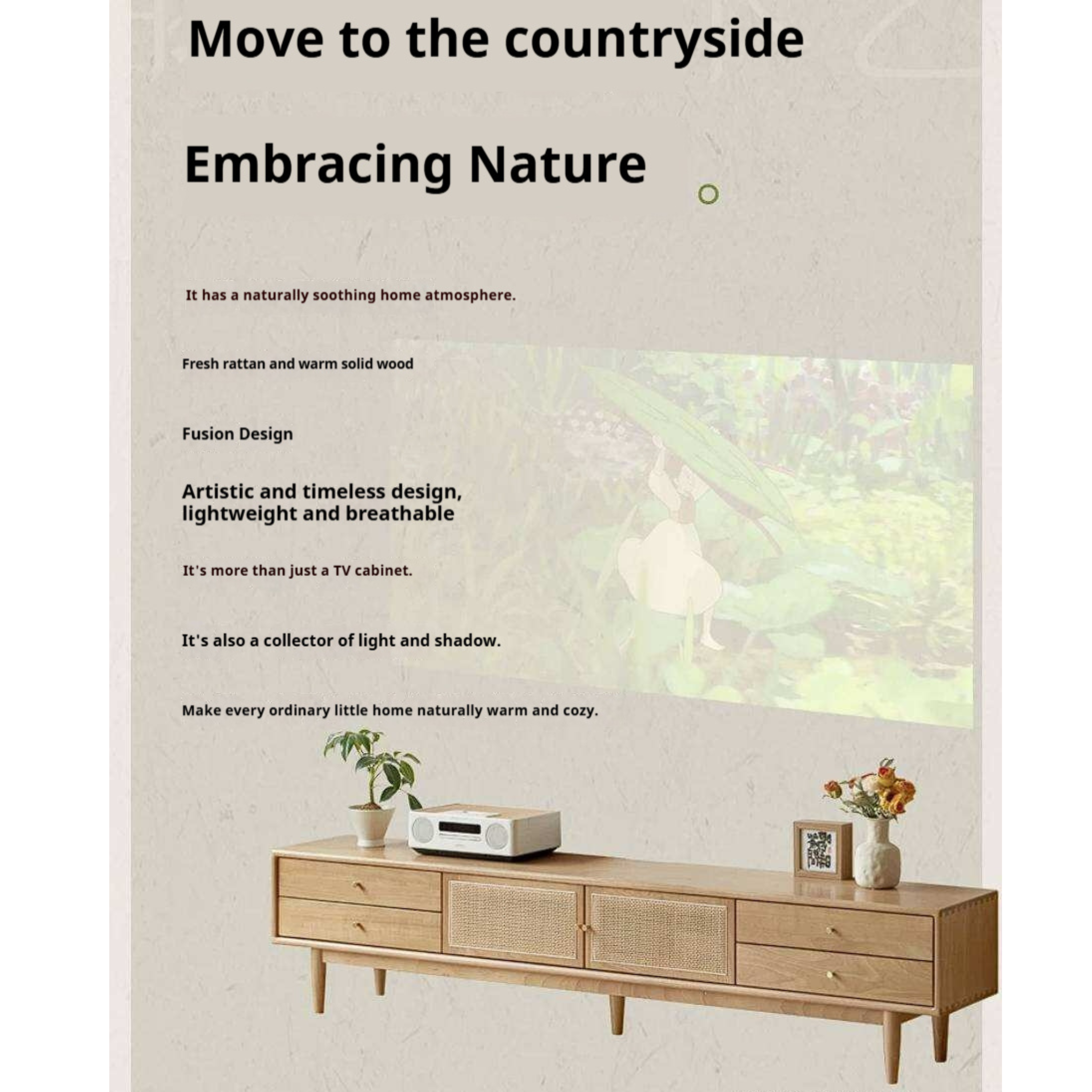 Birch Solid Wood TV Cabinet with Rattan Sliding Doors and Minimalist Storage