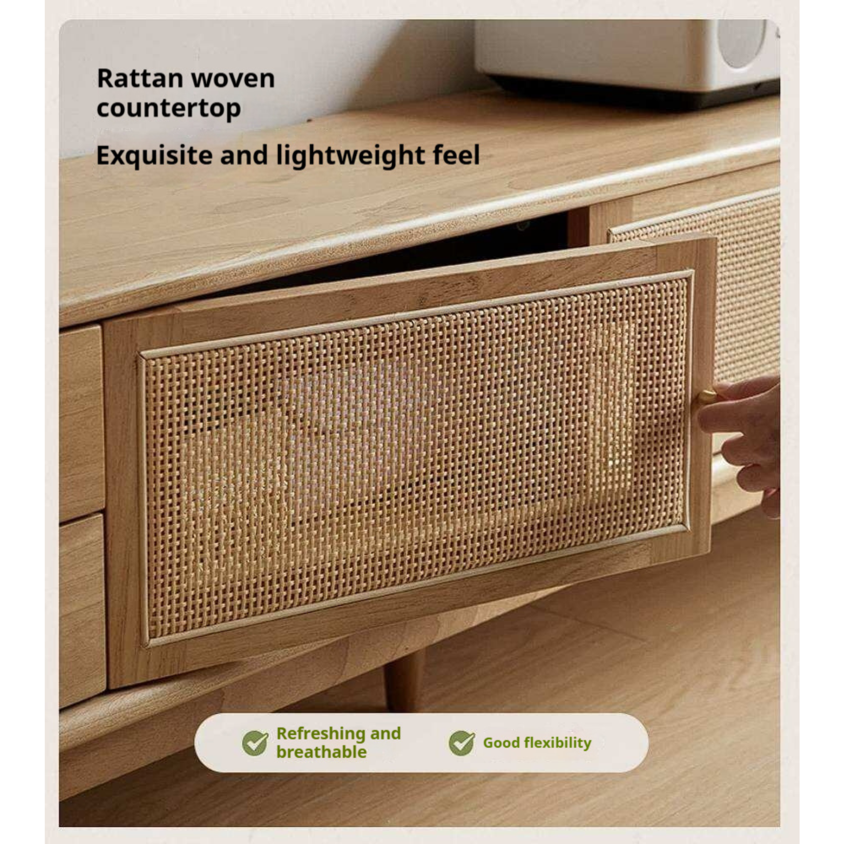 Birch Solid Wood TV Cabinet with Rattan Sliding Doors and Minimalist Storage