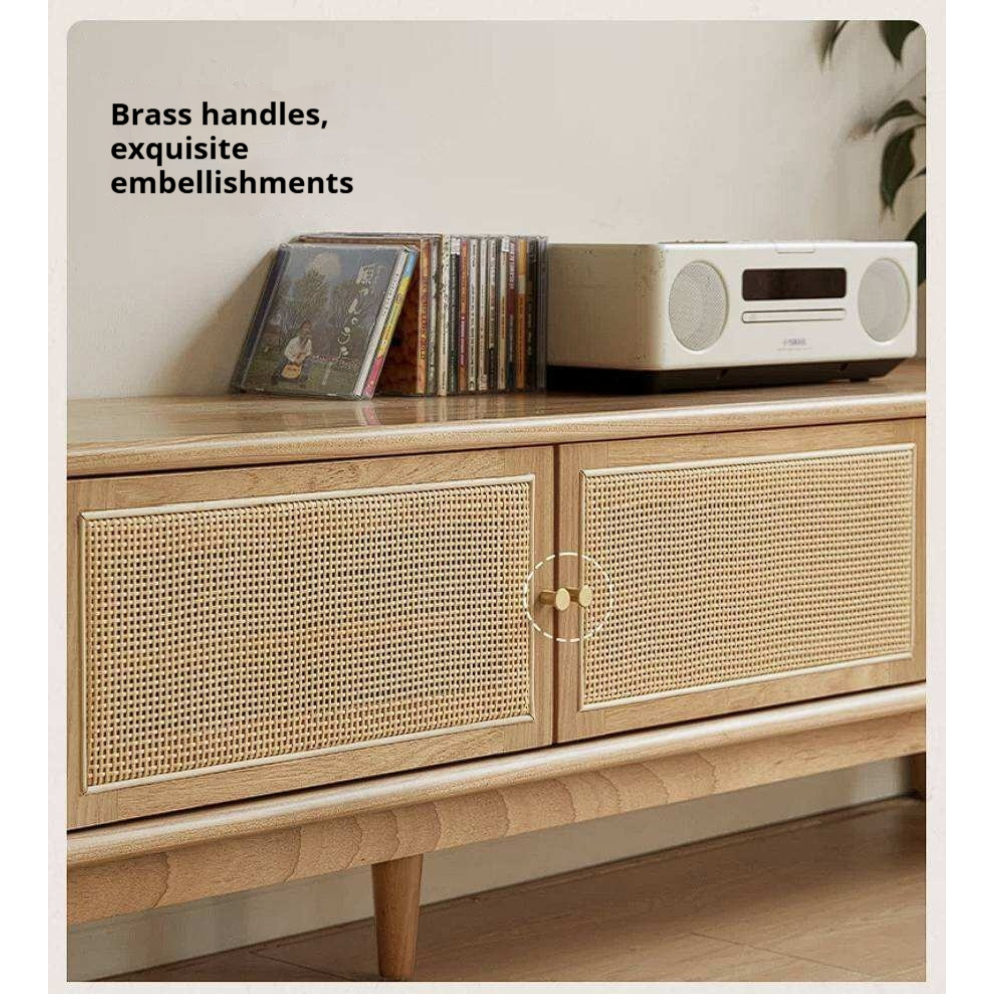 Birch Solid Wood TV Cabinet with Rattan Sliding Doors and Minimalist Storage