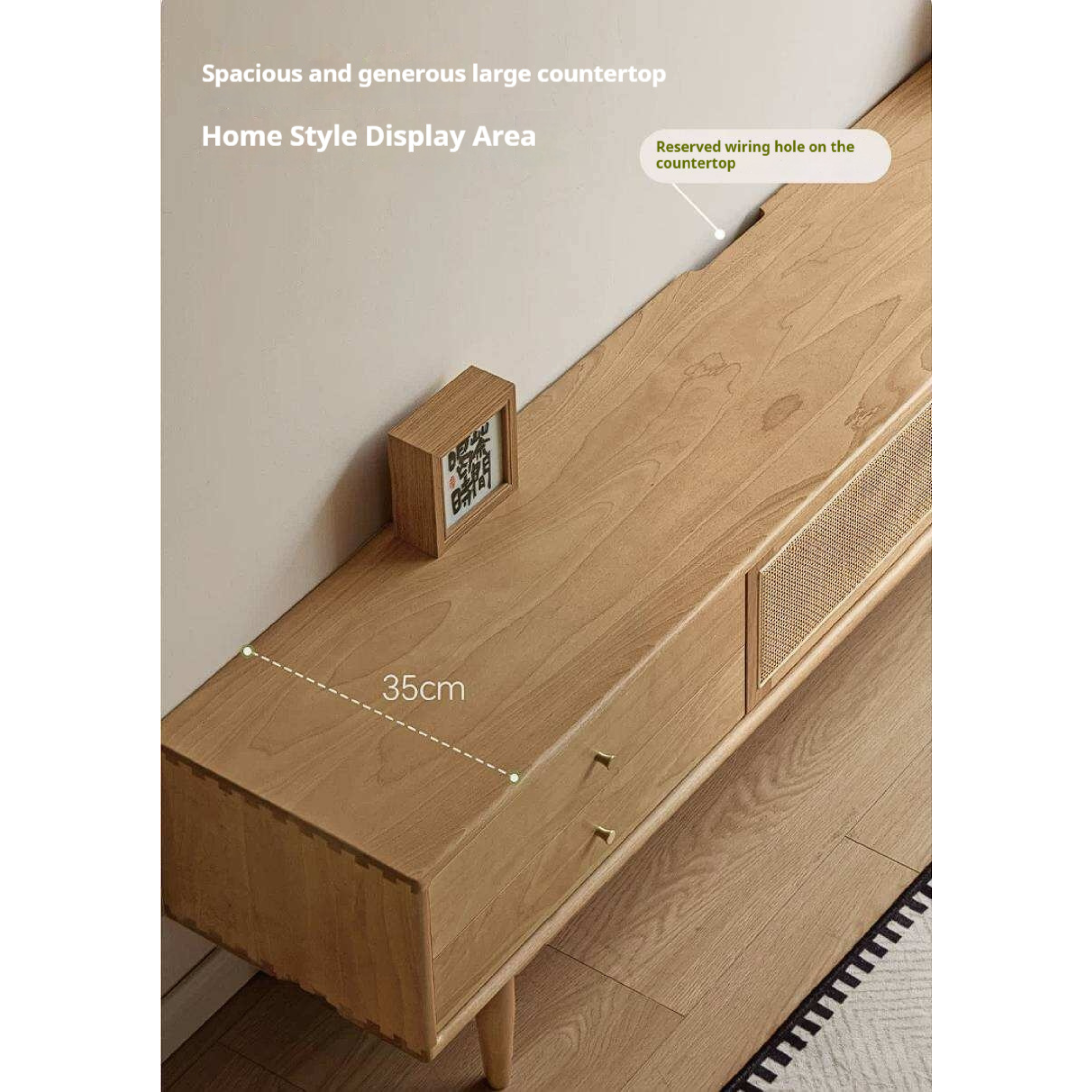 Birch Solid Wood TV Cabinet with Rattan Sliding Doors and Minimalist Storage