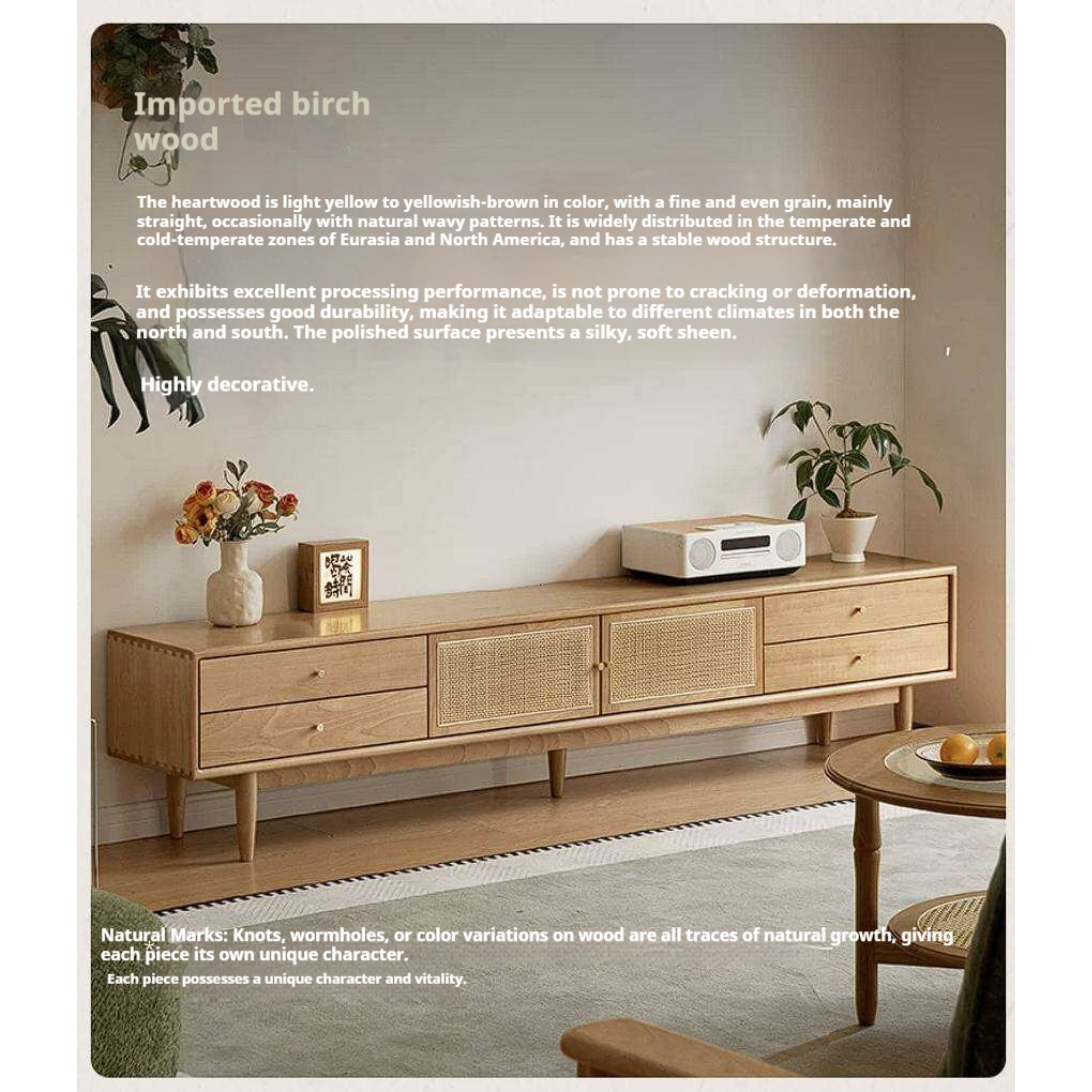 Birch Solid Wood TV Cabinet with Rattan Sliding Doors and Minimalist Storage