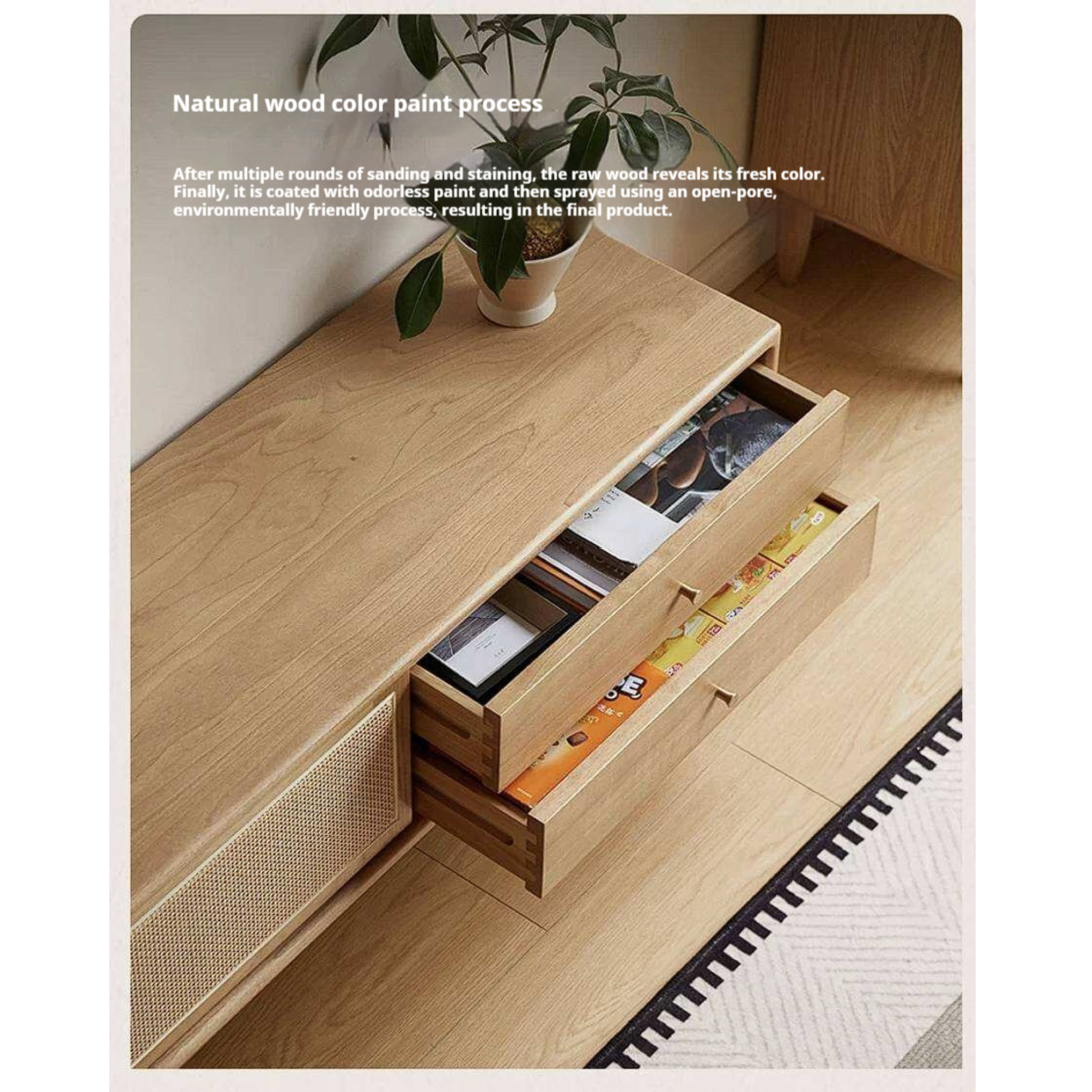 Birch Solid Wood TV Cabinet with Rattan Sliding Doors and Minimalist Storage