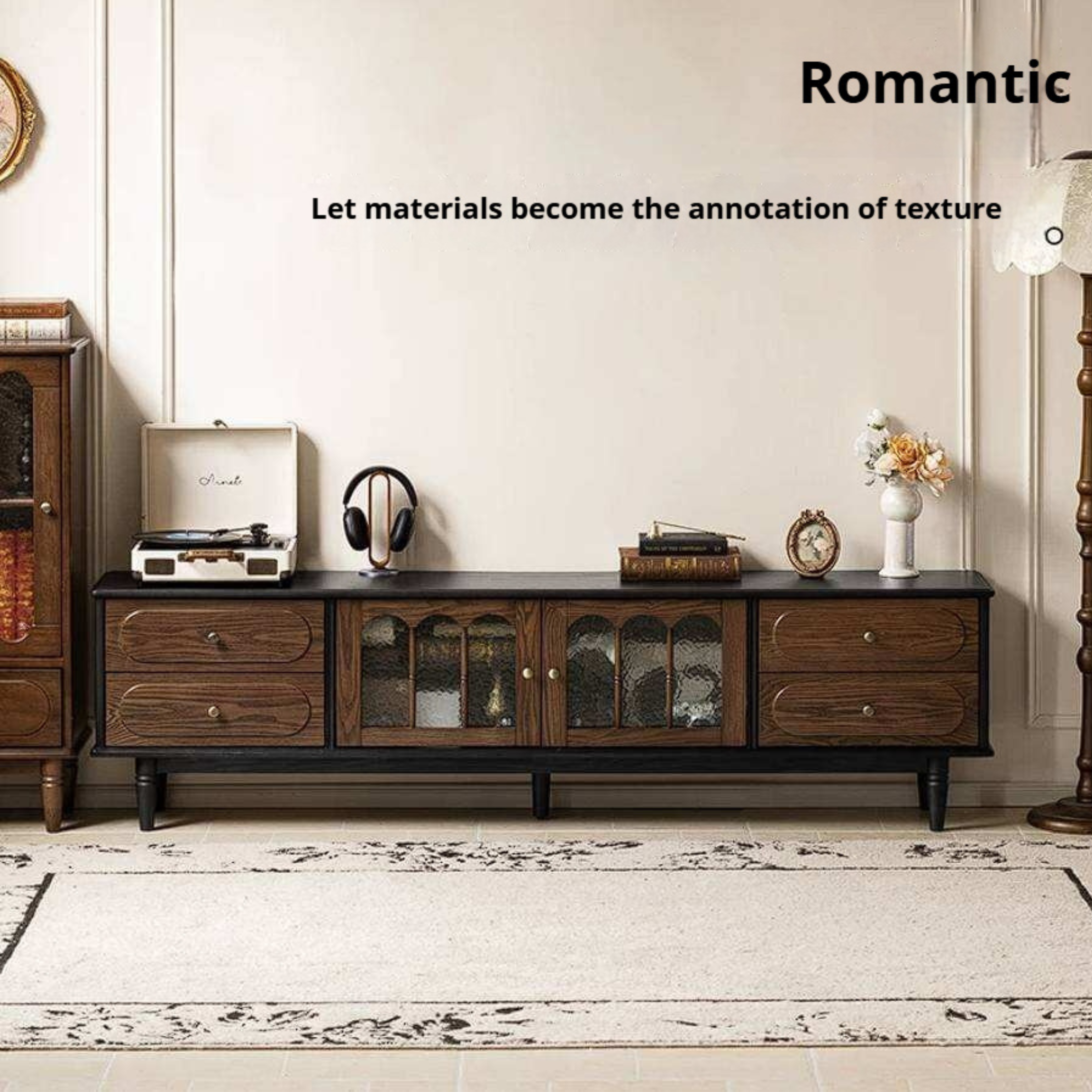 Ash Solid Wood TV Cabinet with Tall Storage and French Retro Design