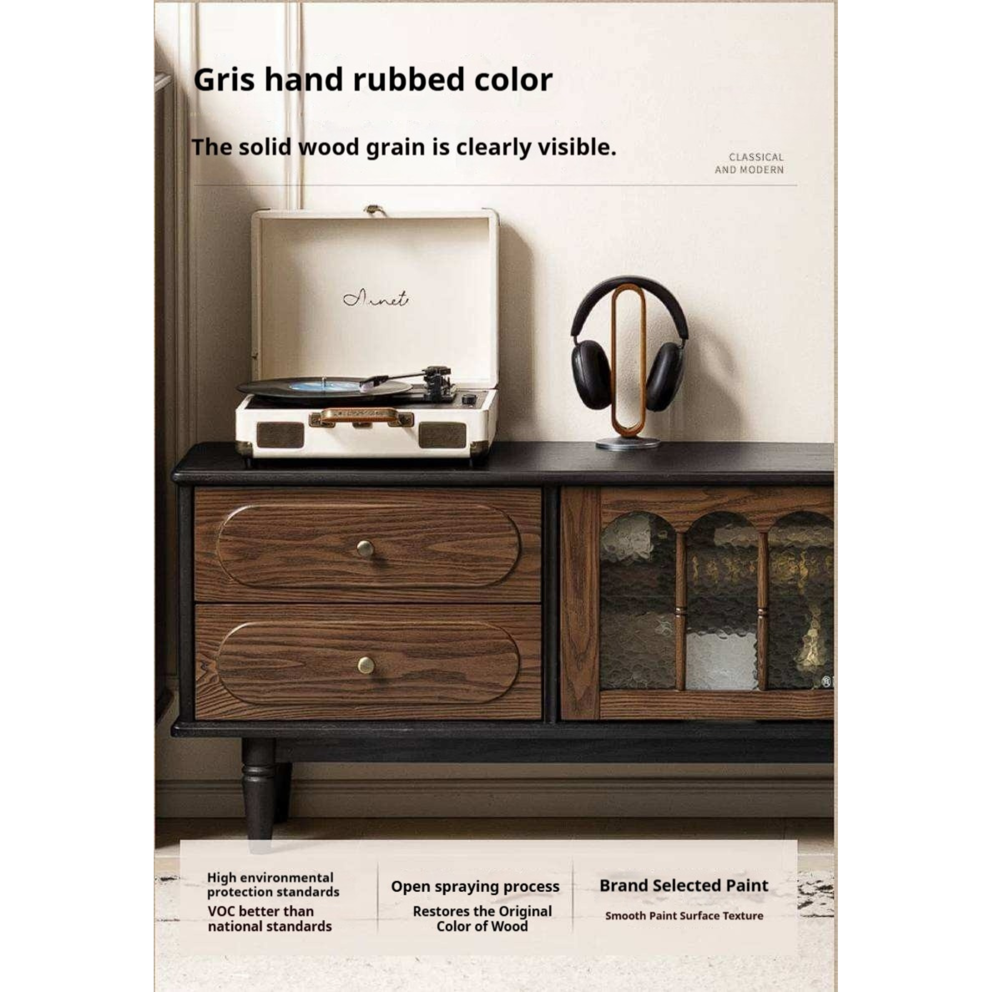 Ash Solid Wood TV Cabinet with Tall Storage and French Retro Design