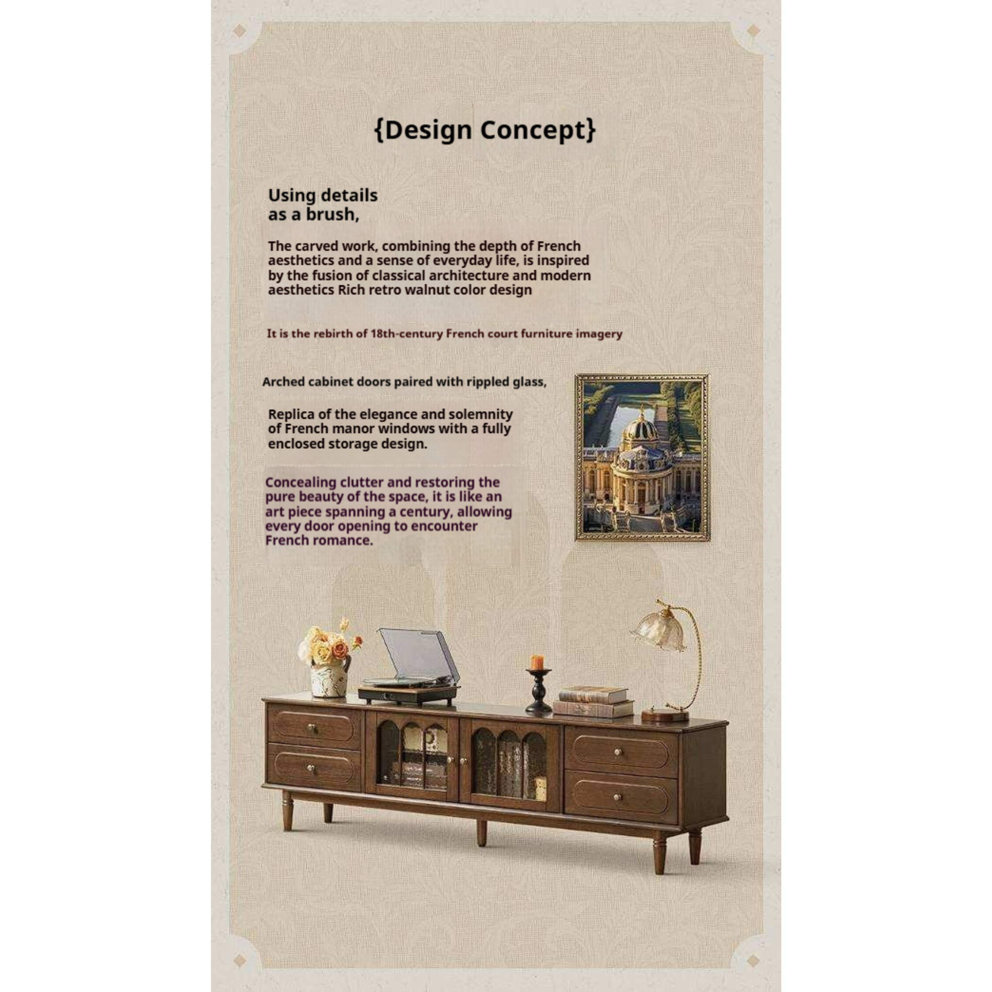 Golden Pearwood Solid Wood TV Stand French Retro Design