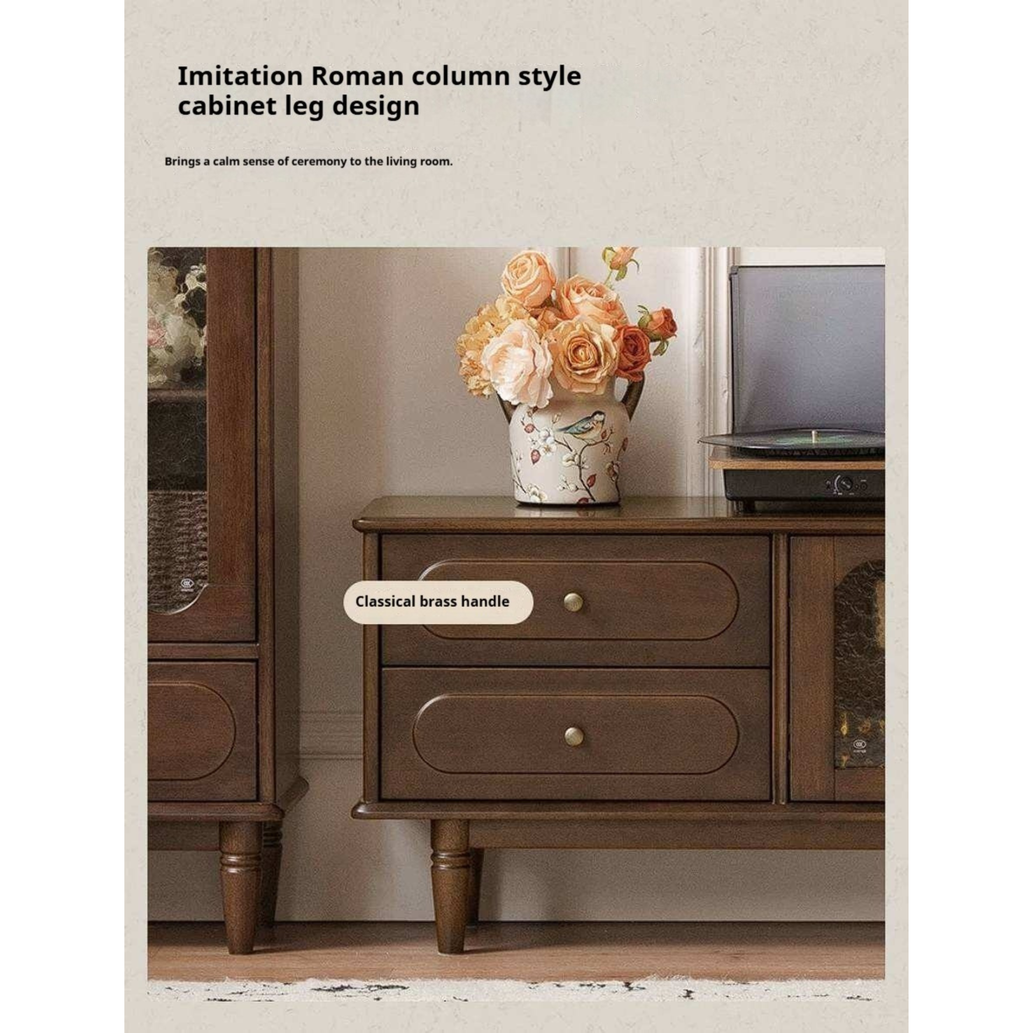 Golden Pearwood Solid Wood TV Stand French Retro Design