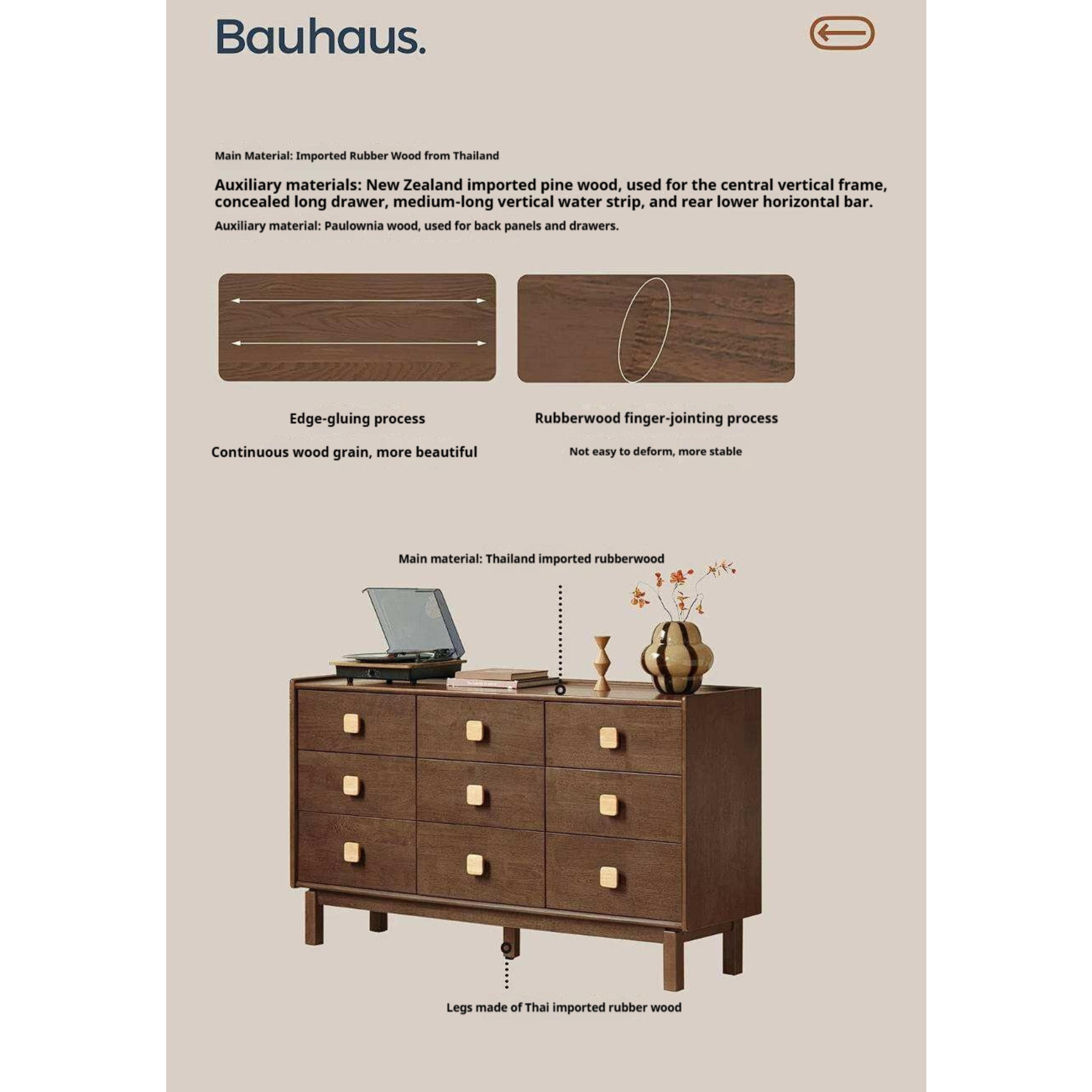 Rubberwood Solid Wood Button Block Dresser