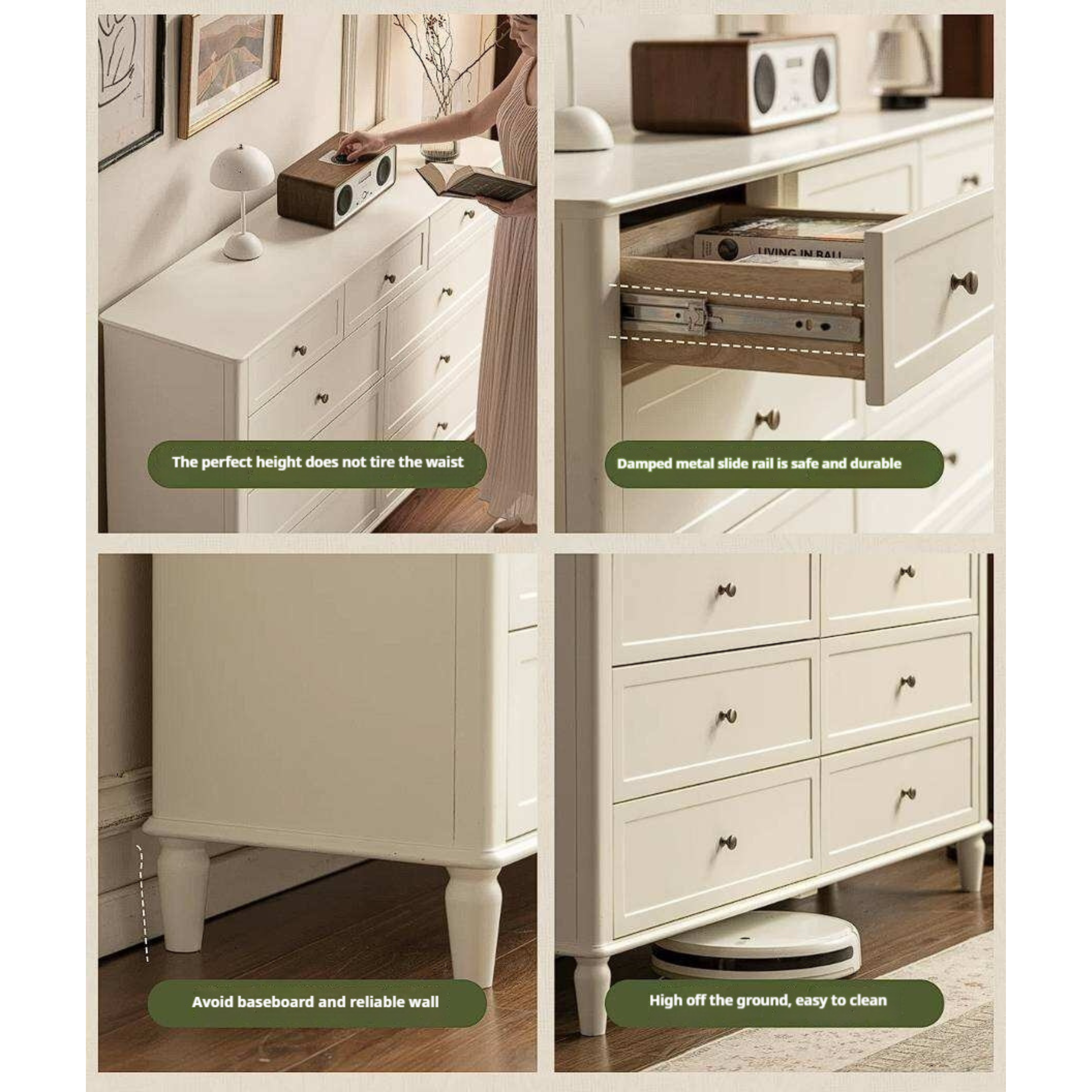 Rubberwood Solid Wood Bedroom Dresser with Elegant White Finish