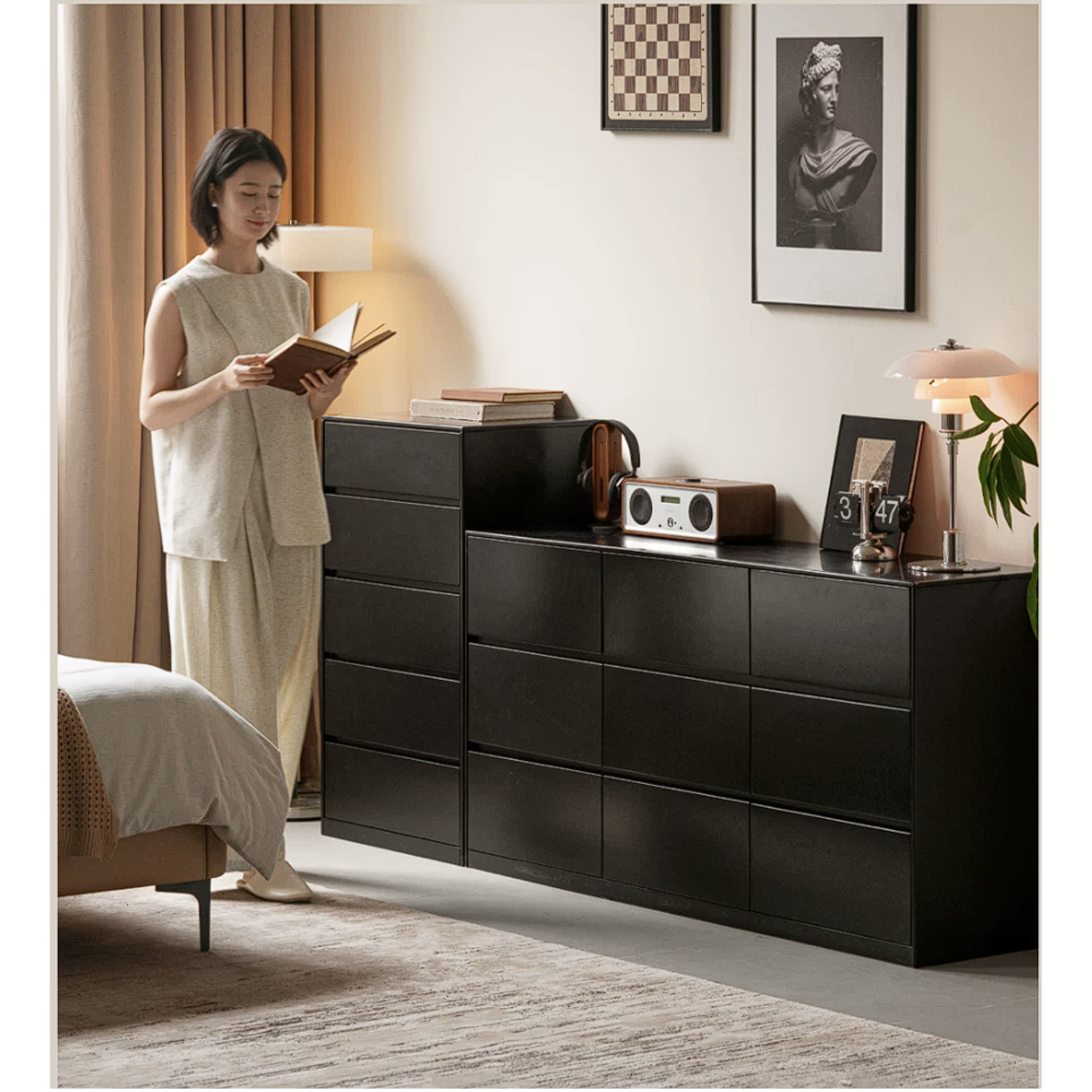 Rubberwood Solid Wood Chest of Drawers Deep Espresso Black dresser