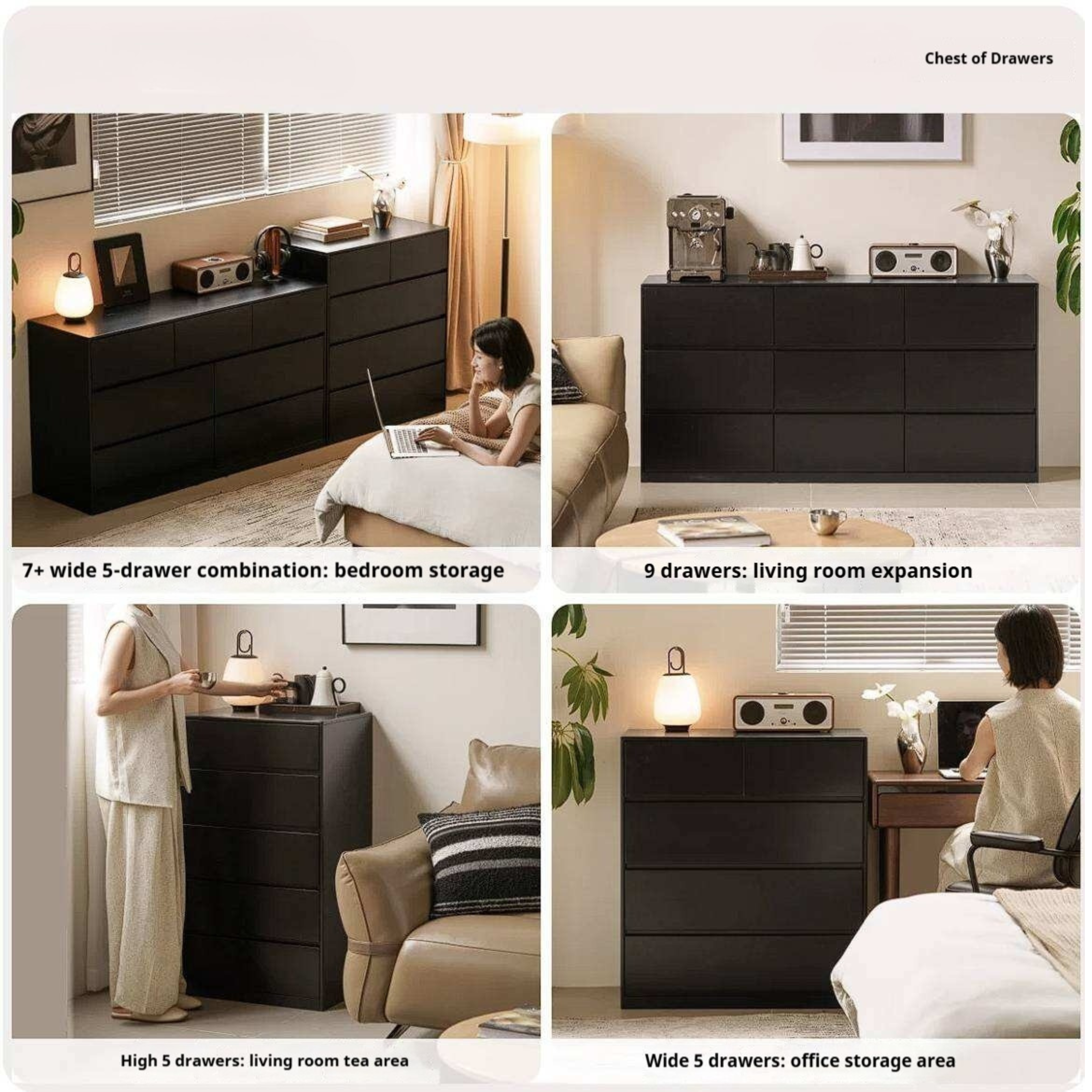 Rubberwood Solid Wood Chest of Drawers Deep Espresso Black dresser