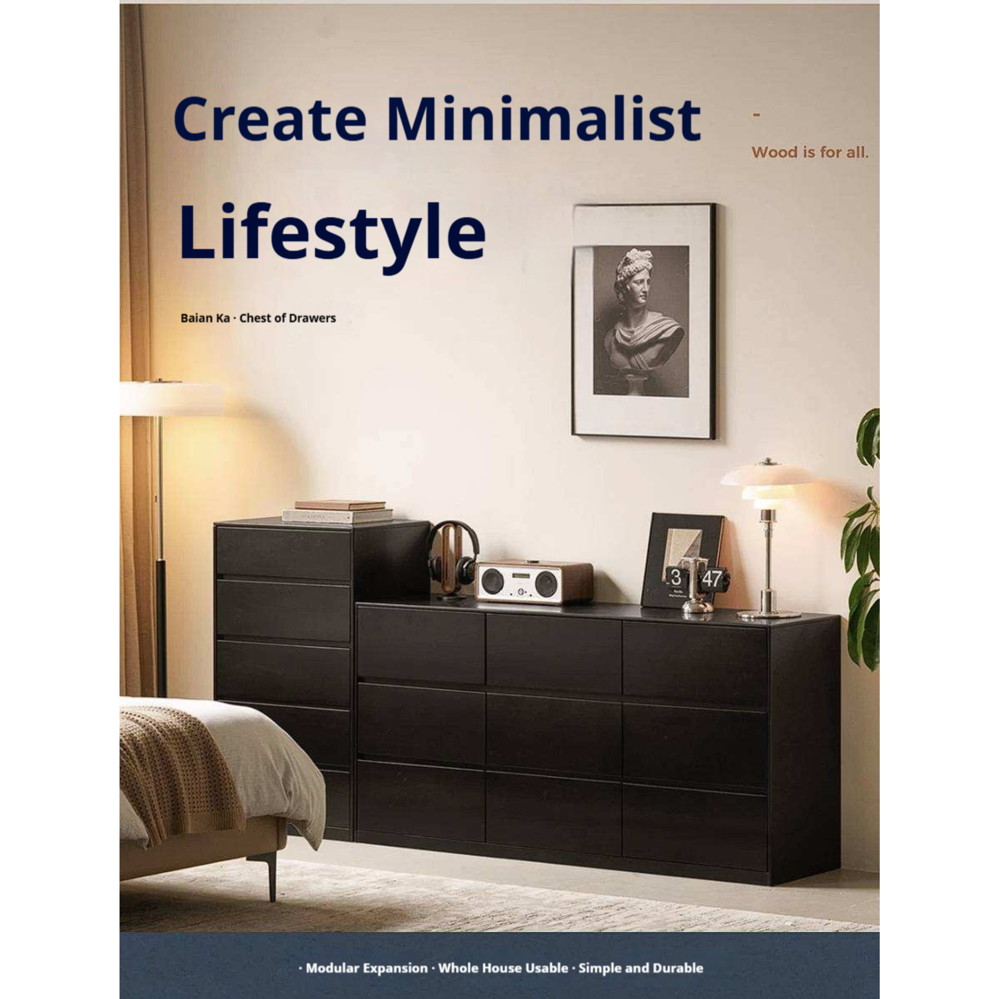 Rubberwood Solid Wood Chest of Drawers Deep Espresso Black dresser