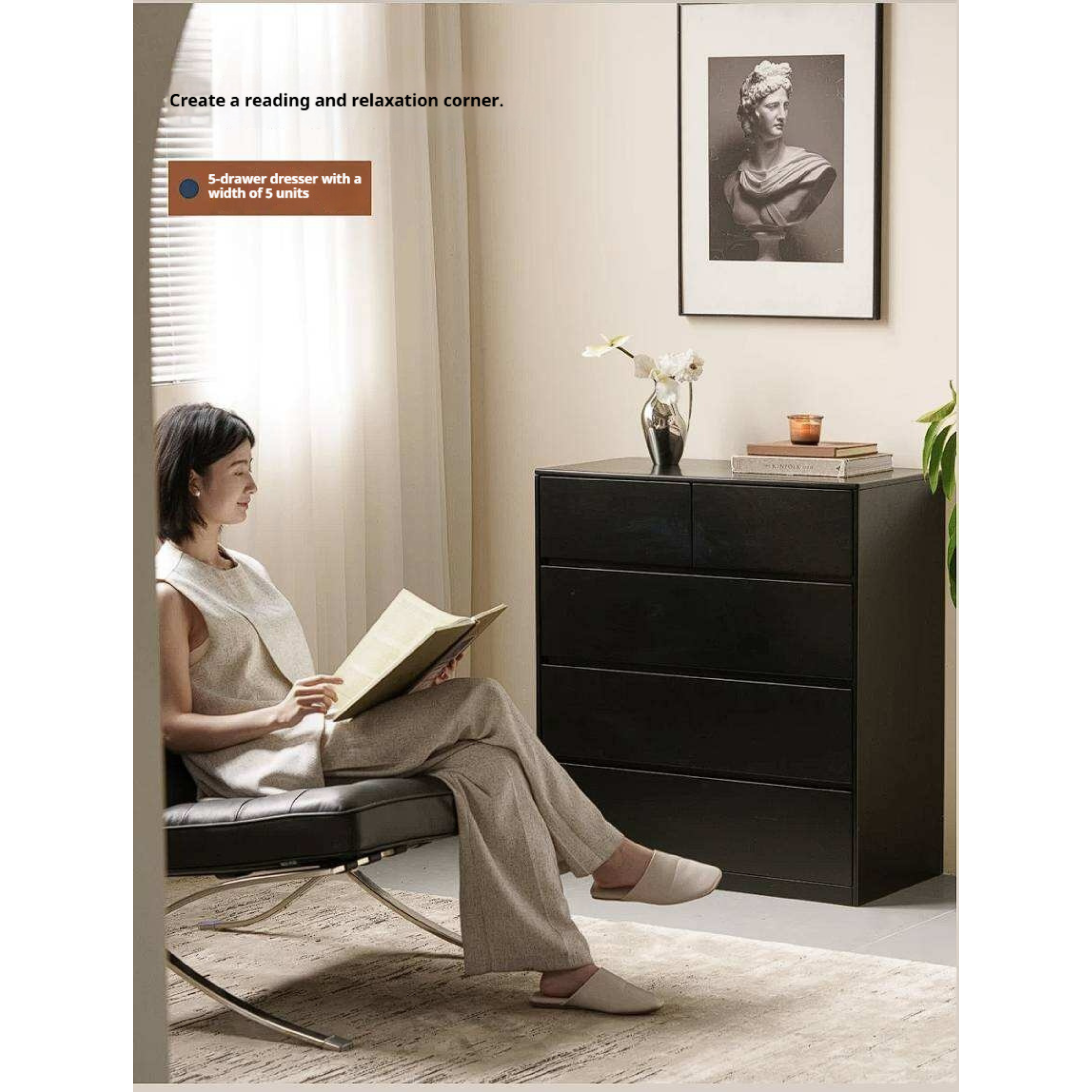 Rubberwood Solid Wood Chest of Drawers Deep Espresso Black dresser