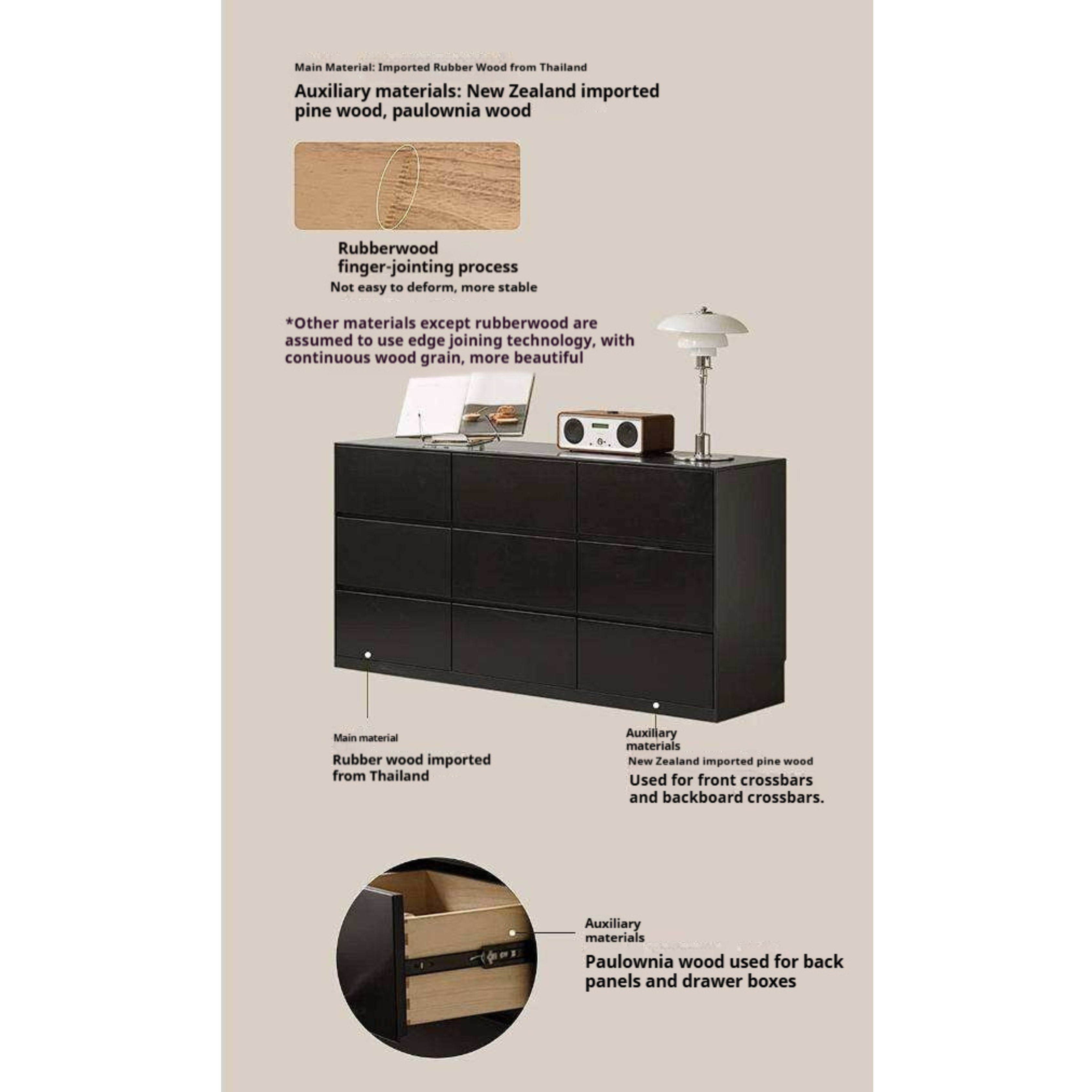 Rubberwood Solid Wood Chest of Drawers Deep Espresso Black dresser