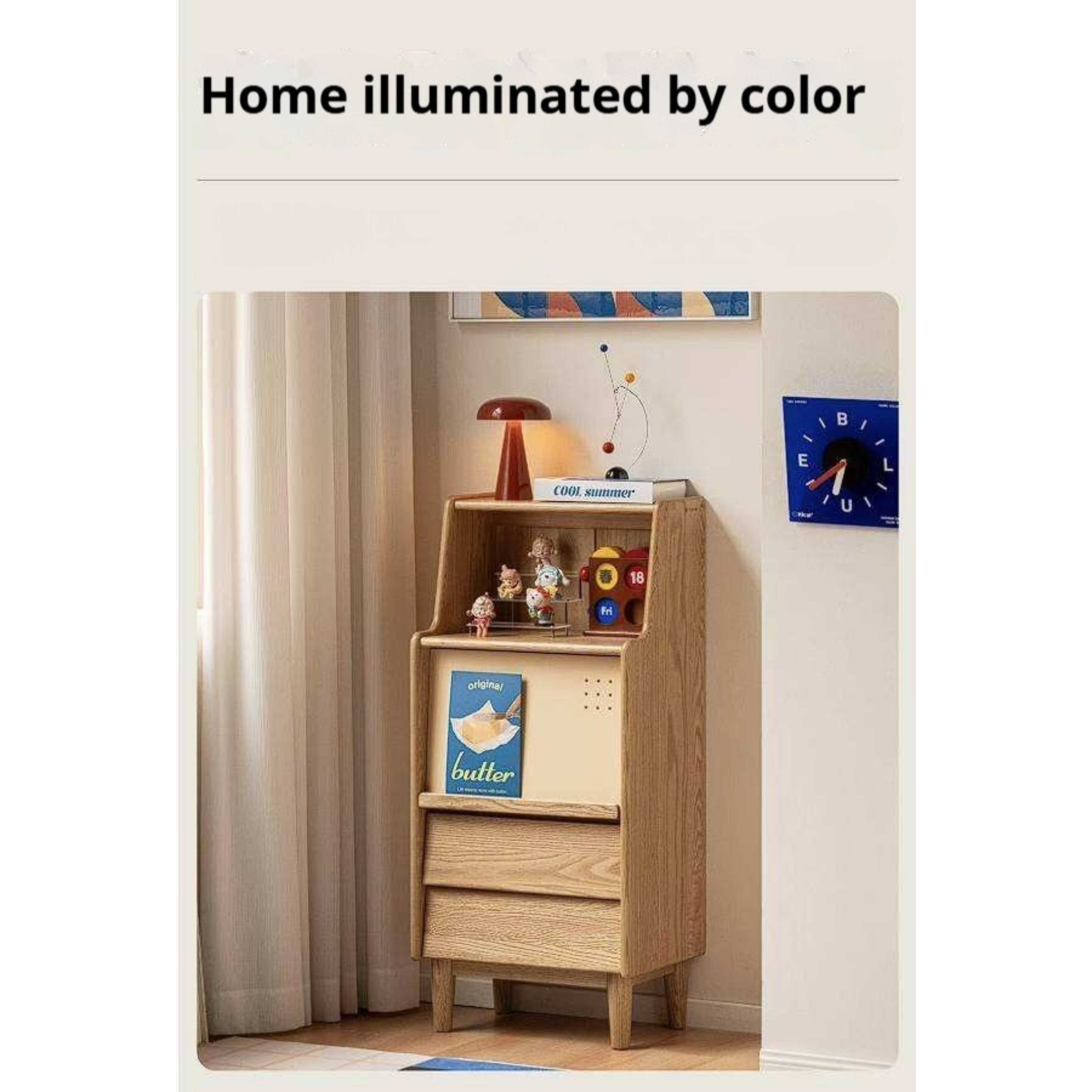 Oak Solid Wood Tall Narrow Cabinet with Open Shelf and Flip Door