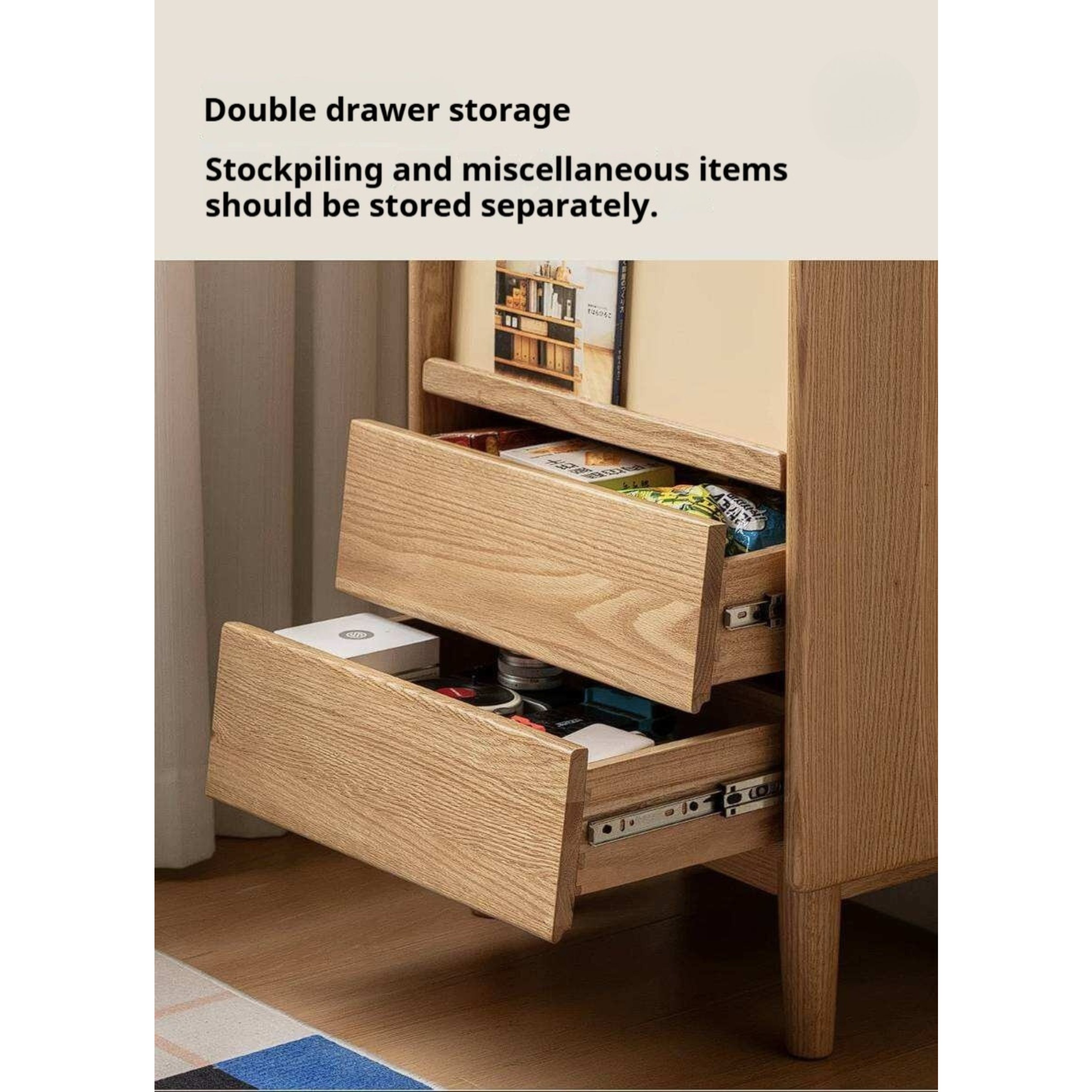 Oak Solid Wood Tall Narrow Cabinet with Open Shelf and Flip Door