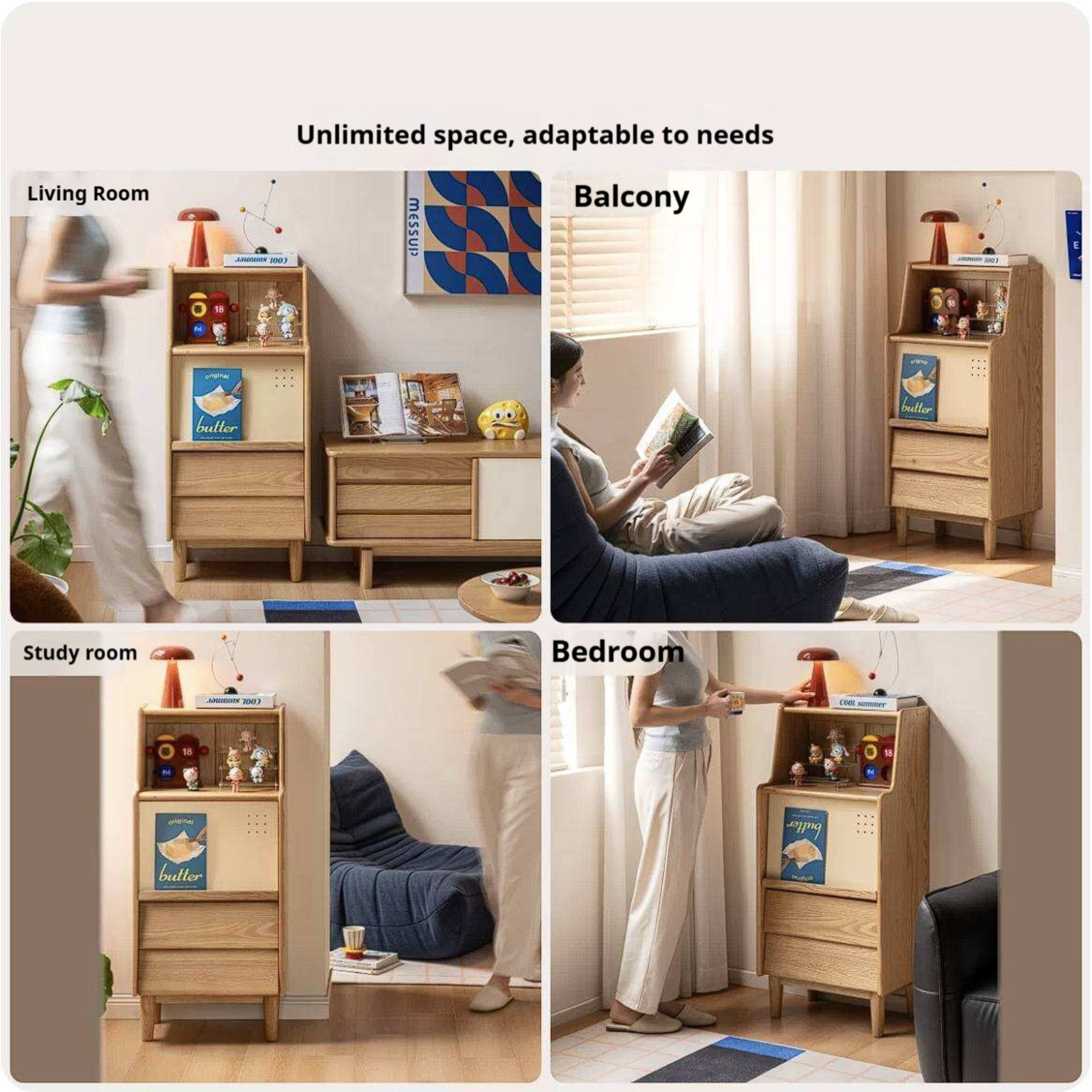 Oak Solid Wood Tall Narrow Cabinet with Open Shelf and Flip Door