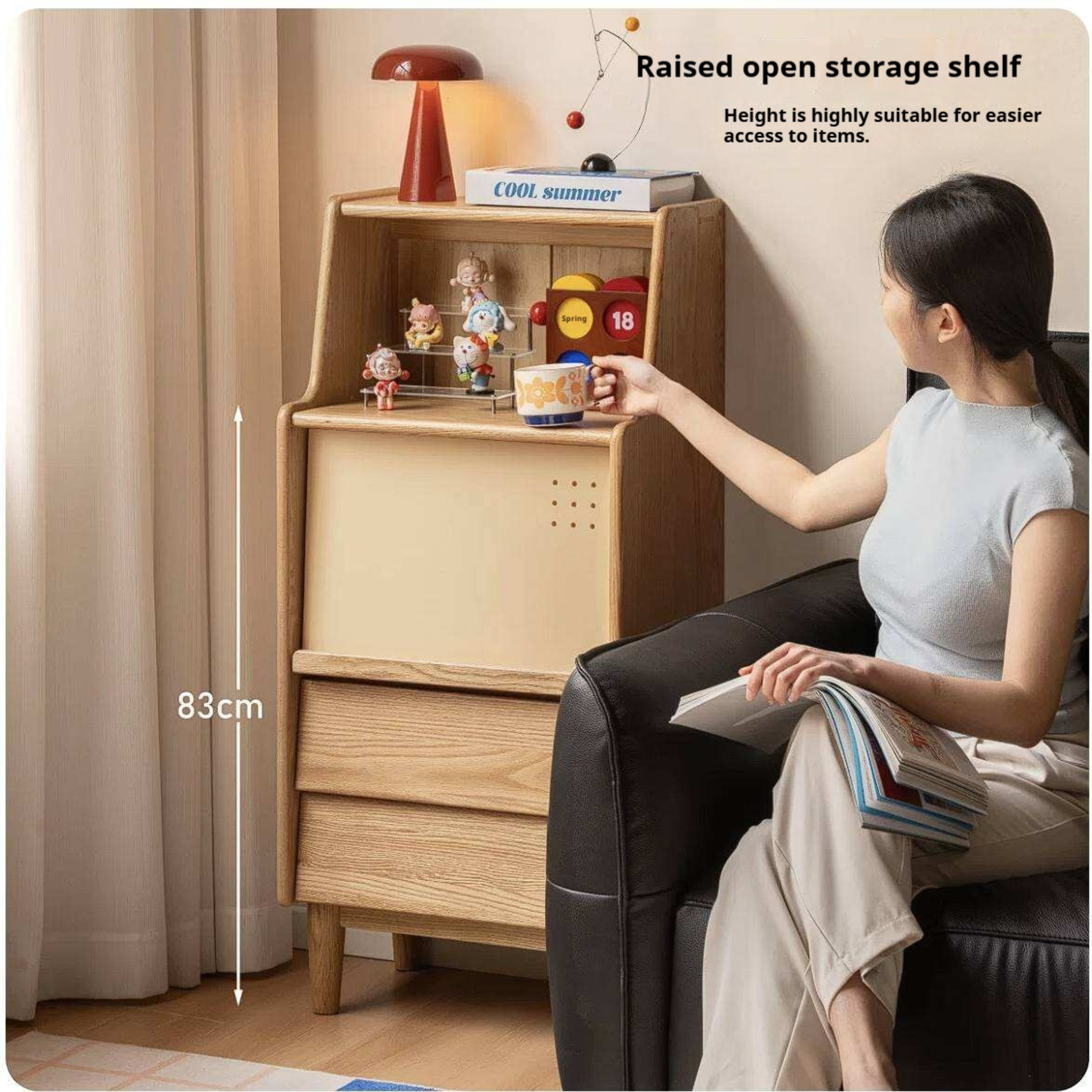 Oak Solid Wood Tall Narrow Cabinet with Open Shelf and Flip Door
